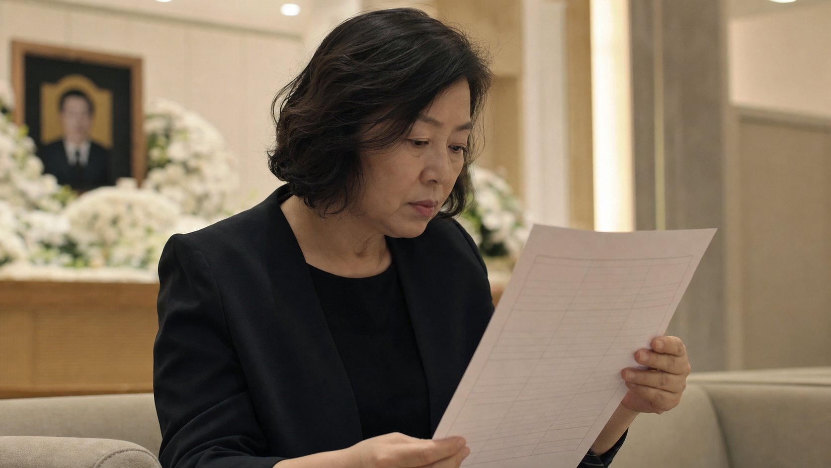 유가족이 장례식장 견적서를 손에 들고 항목을 살펴보는 장면