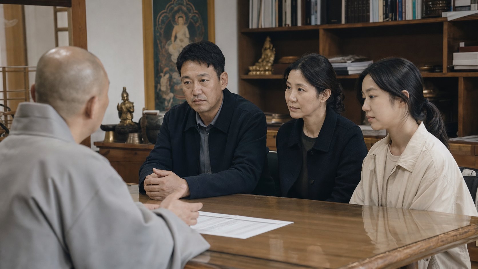 유가족이 사찰 사무실에서 스님과 마주 앉아 49재 일정과 비용을 상담하는 장면