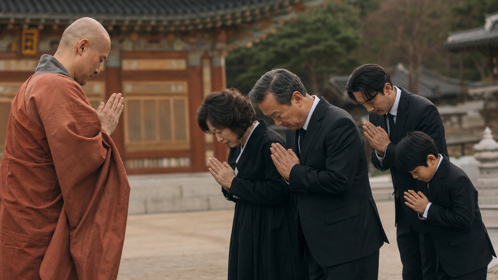 사찰 마당에서 49재를 마친 유가족이 스님께 합장하며 인사하는 장면