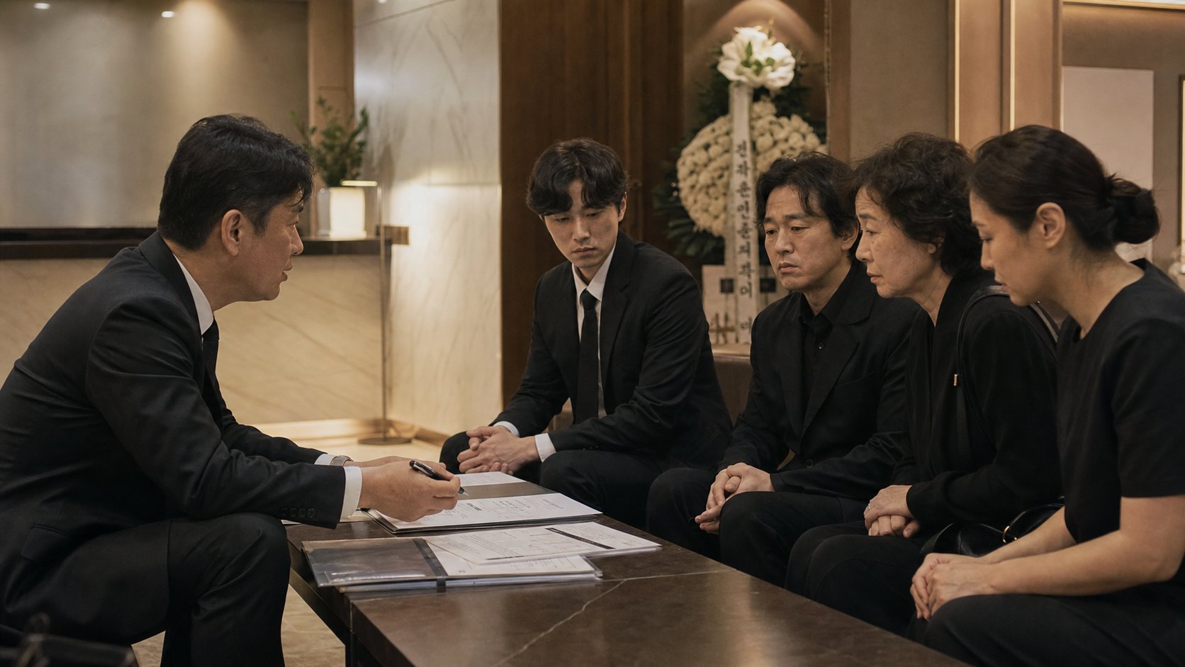 장례지도사가 빈소 입구에서 검은 상복을 입은 유가족과 마주 앉아 장례 일정을 상의하는 장면