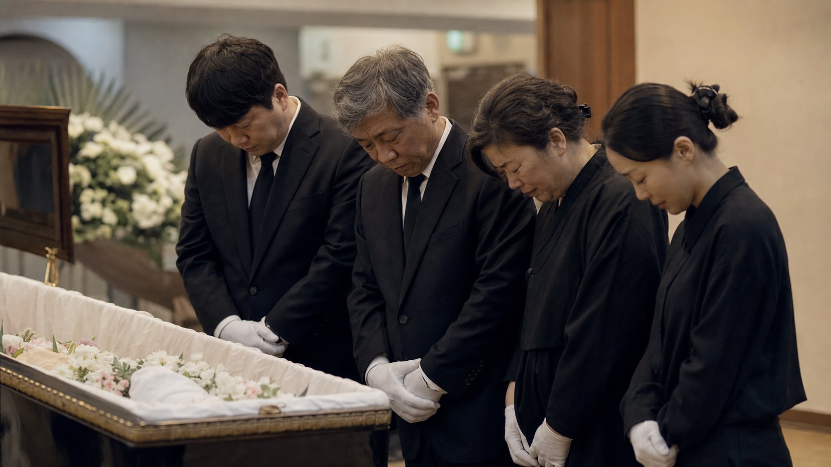 빈소 제단 앞에서 흰 장갑을 낀 유가족이 입관을 마치고 고개 숙여 고인에게 인사하는 차분한 장면