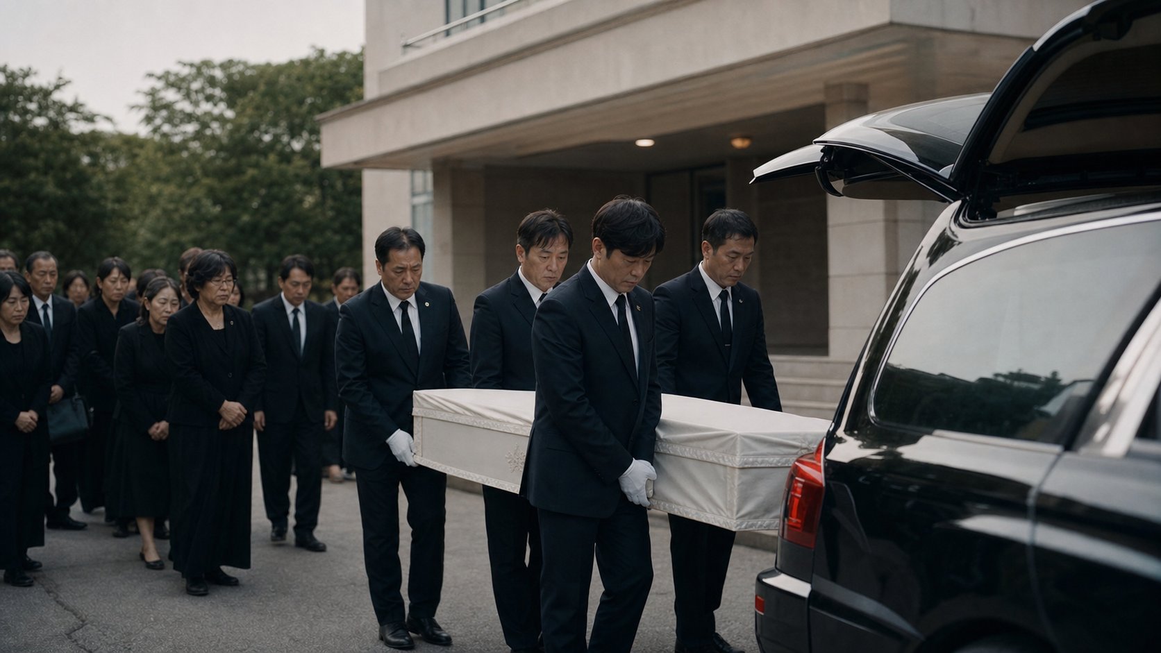 이른 아침 장례식장 앞에서 운구 위원들이 관을 운구차에 모시고 가족들이 뒤따르는 발인 장면