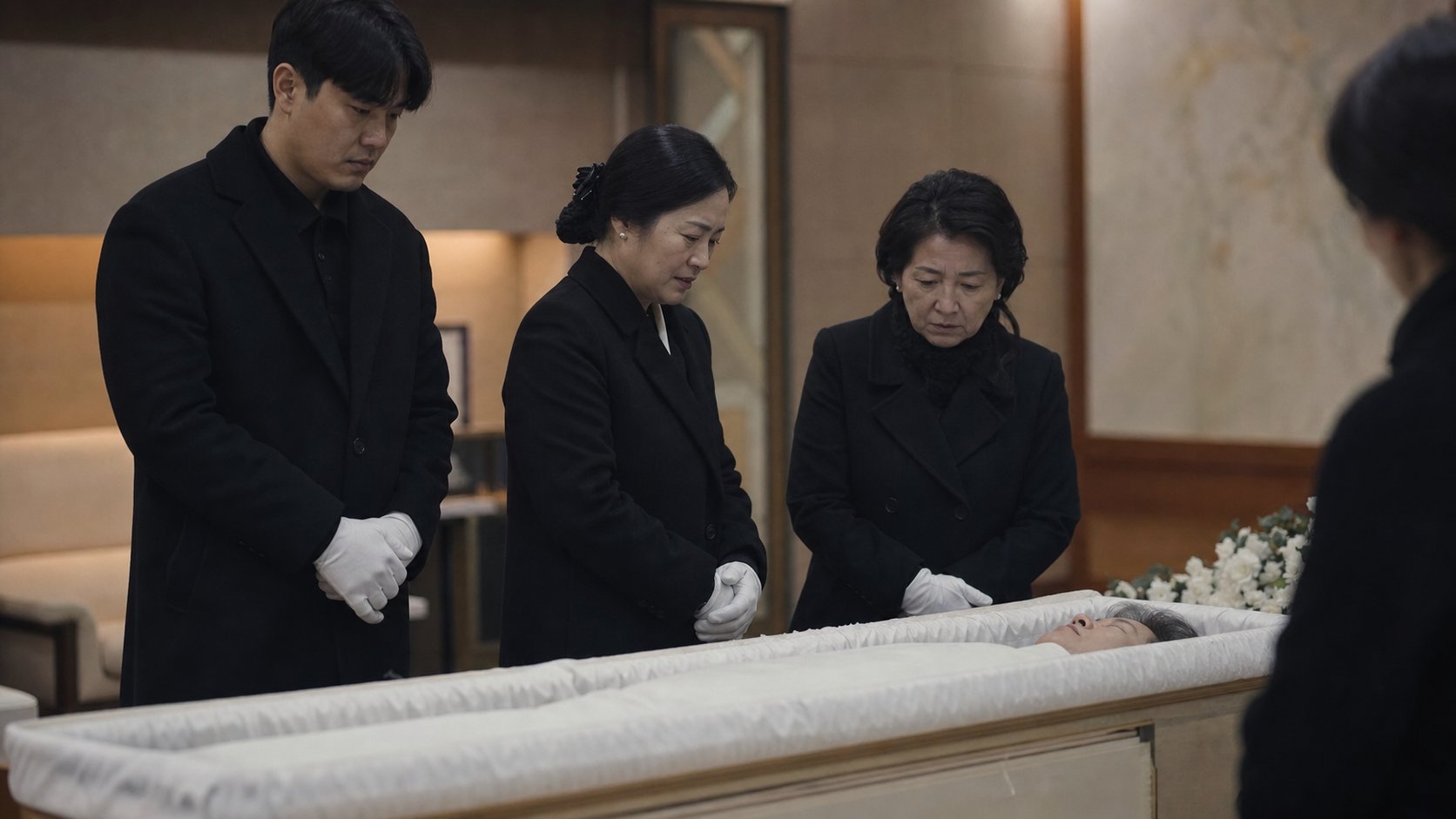 입관실에서 흰 장갑을 낀 가족 몇 명이 고인 곁에 둘러서서 조용히 마지막 인사를 나누는 경건한 장면