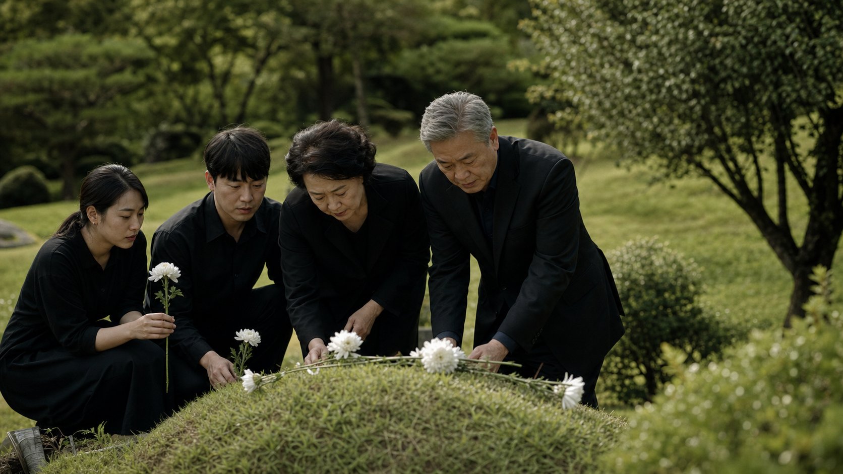 자연장지에서 소수의 가족이 유골을 모시며 흰 국화를 내려놓고 고개 숙여 추모하는 평화로운 장면
