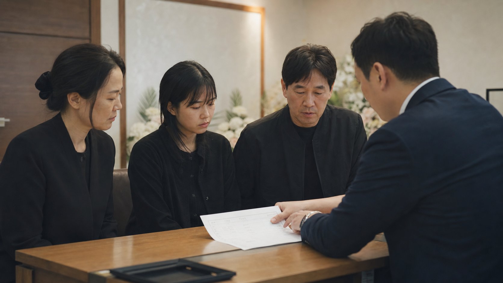 장례식장 상담실에서 가족이 장례지도사와 마주 앉아 작은 장례식 견적서를 함께 살펴보는 장면