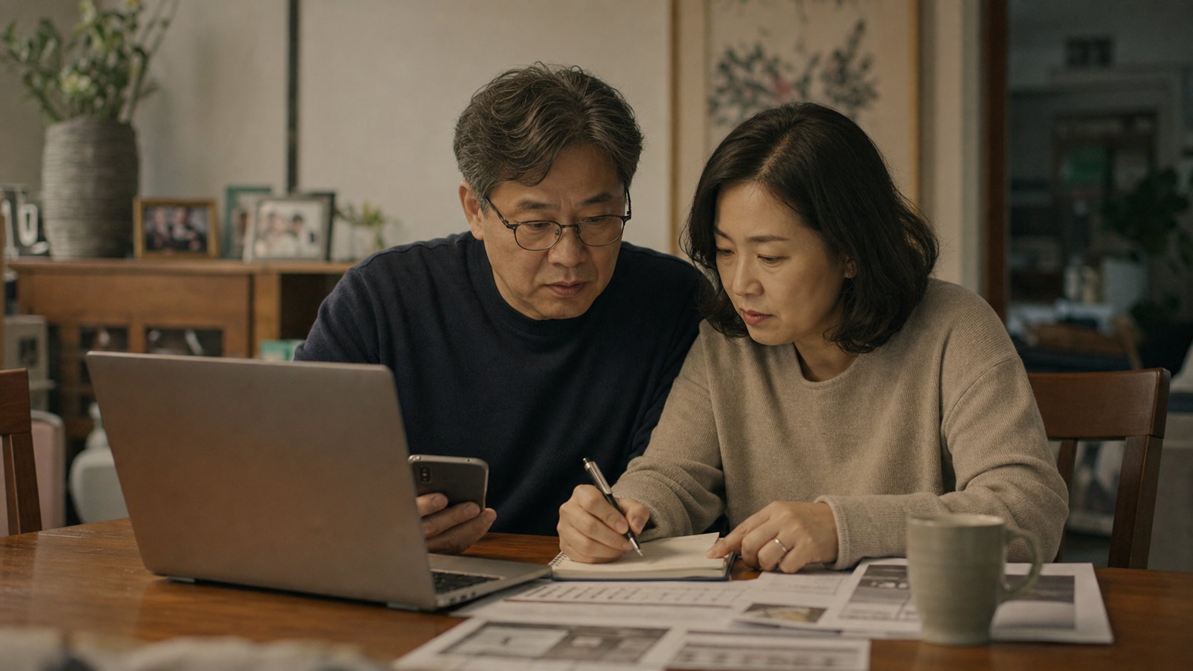 노트북과 휴대폰을 앞에 두고 중년 부부가 식탁에서 여러 장례식장 정보를 함께 비교하며 메모하는 장면