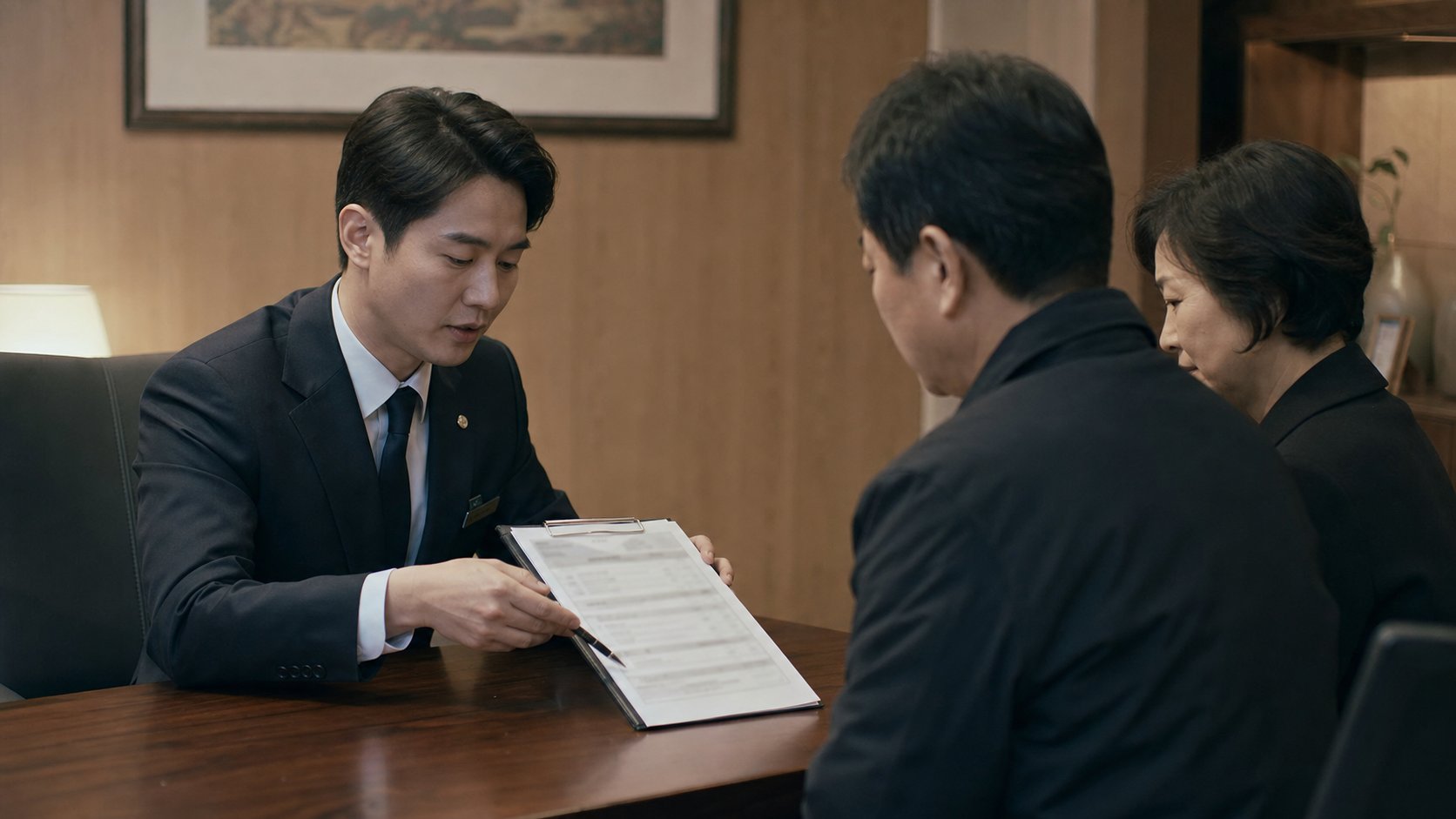 장례지도사가 유가족에게 항목별로 정리된 견적서를 펜으로 짚어 가며 차근차근 설명하는 장면