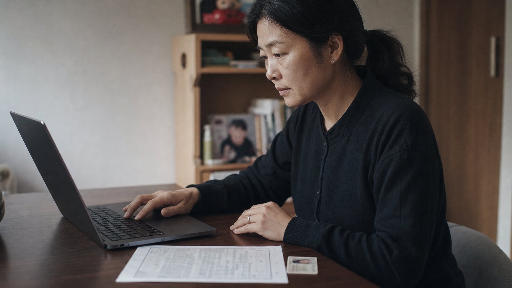 책상에서 가족이 사망진단서와 신분증을 옆에 두고 노트북으로 추모계정 신청 양식을 작성하는 장면
