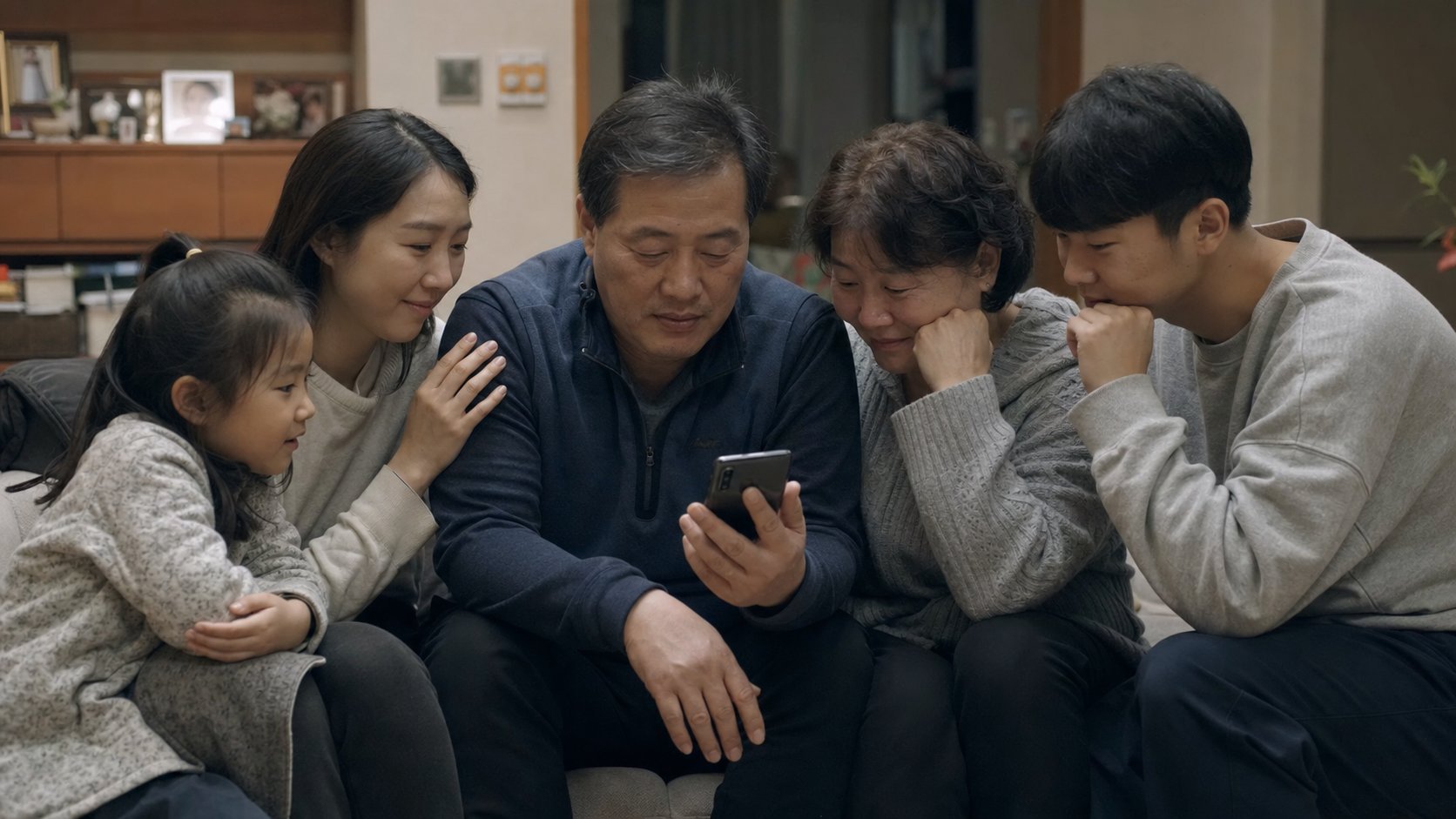 가족이 거실에서 고인의 사진이 담긴 휴대폰을 함께 들여다보며 추억을 나누는 따뜻한 장면
