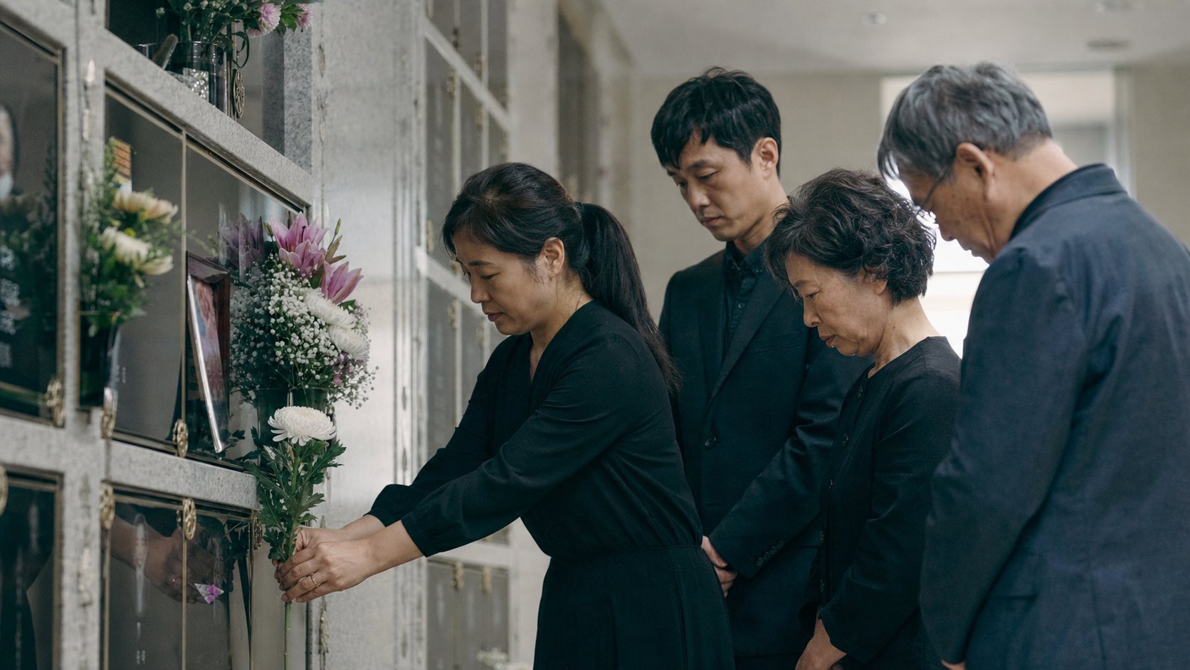 한국의 봉안당 추모 공간에서 가족이 고인의 자리 앞에 흰 국화를 놓고 차분히 묵념하는 장면