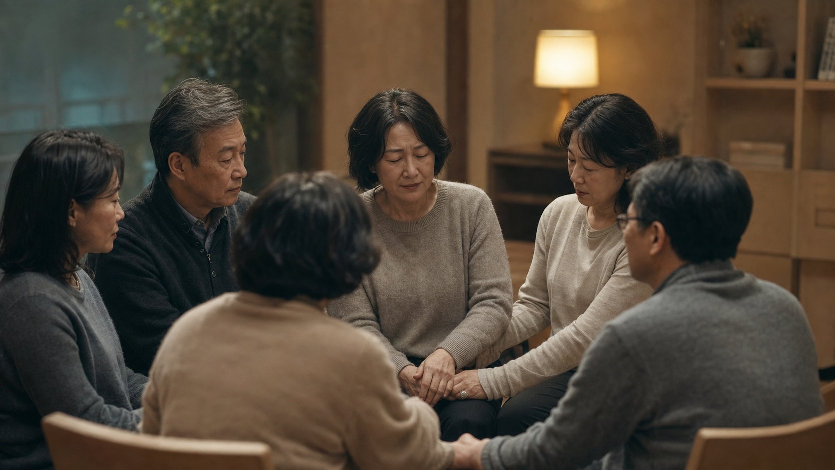 사별 자조 모임에서 여러 사람이 둥글게 둘러앉아 서로의 이야기를 나누며 손을 맞잡고 위로하는 장면