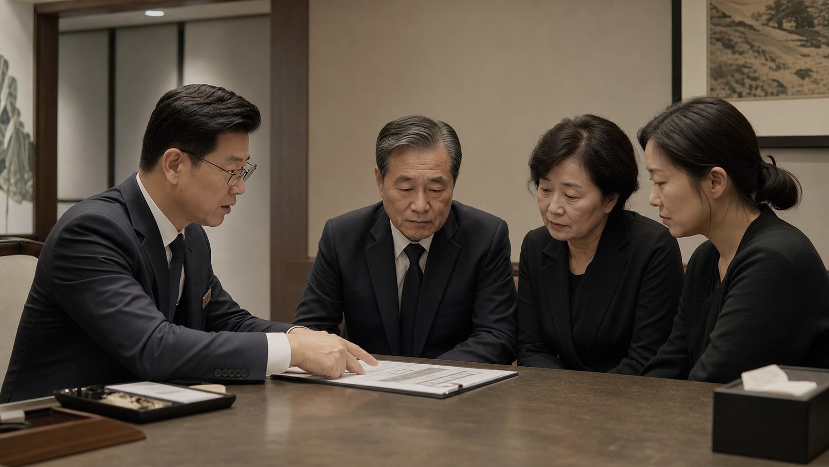 장례지도사가 상담 테이블에서 가족에게 상조 상품 보장 내용을 손으로 짚어가며 설명하는 장면