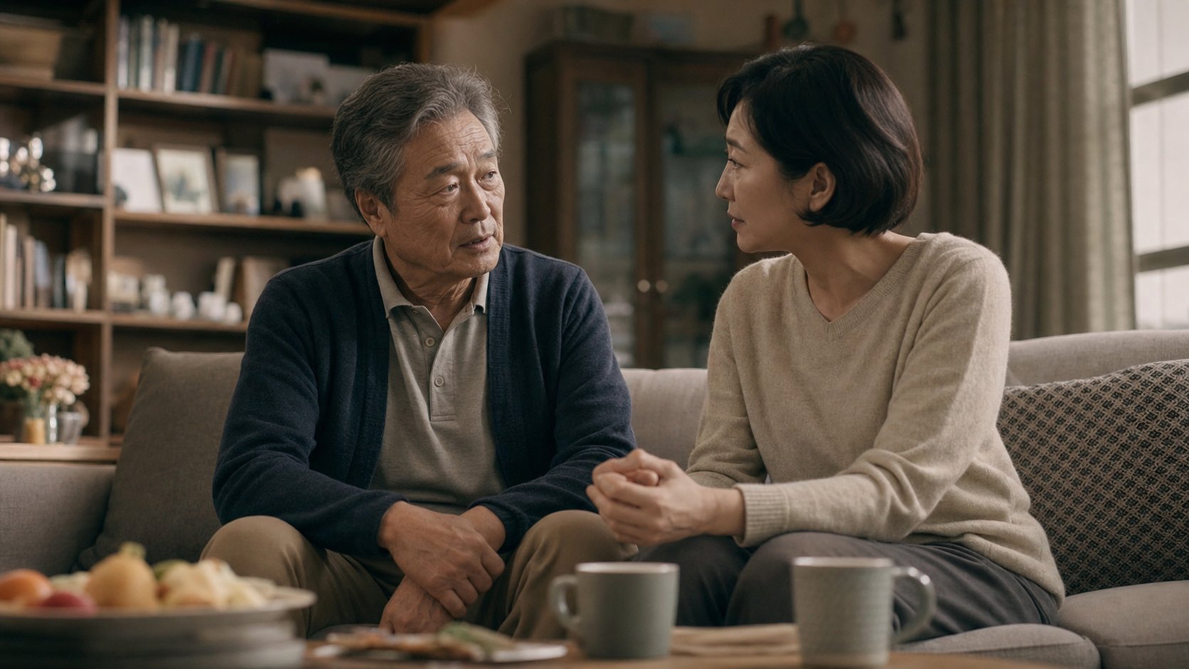 노년의 부모와 성인 자녀가 거실 소파에 함께 앉아 장례 준비 방법을 차분히 이야기하는 따뜻한 장면