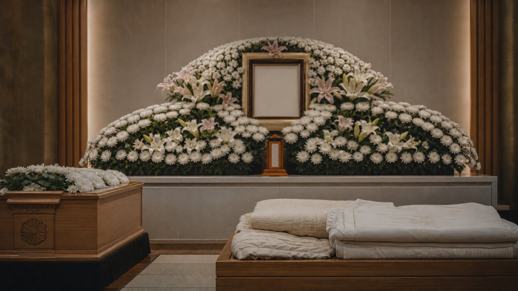 정돈된 빈소에 제단 꽃과 영정 자리, 관과 수의 등 장례용품이 단정하게 준비된 차분한 장면
