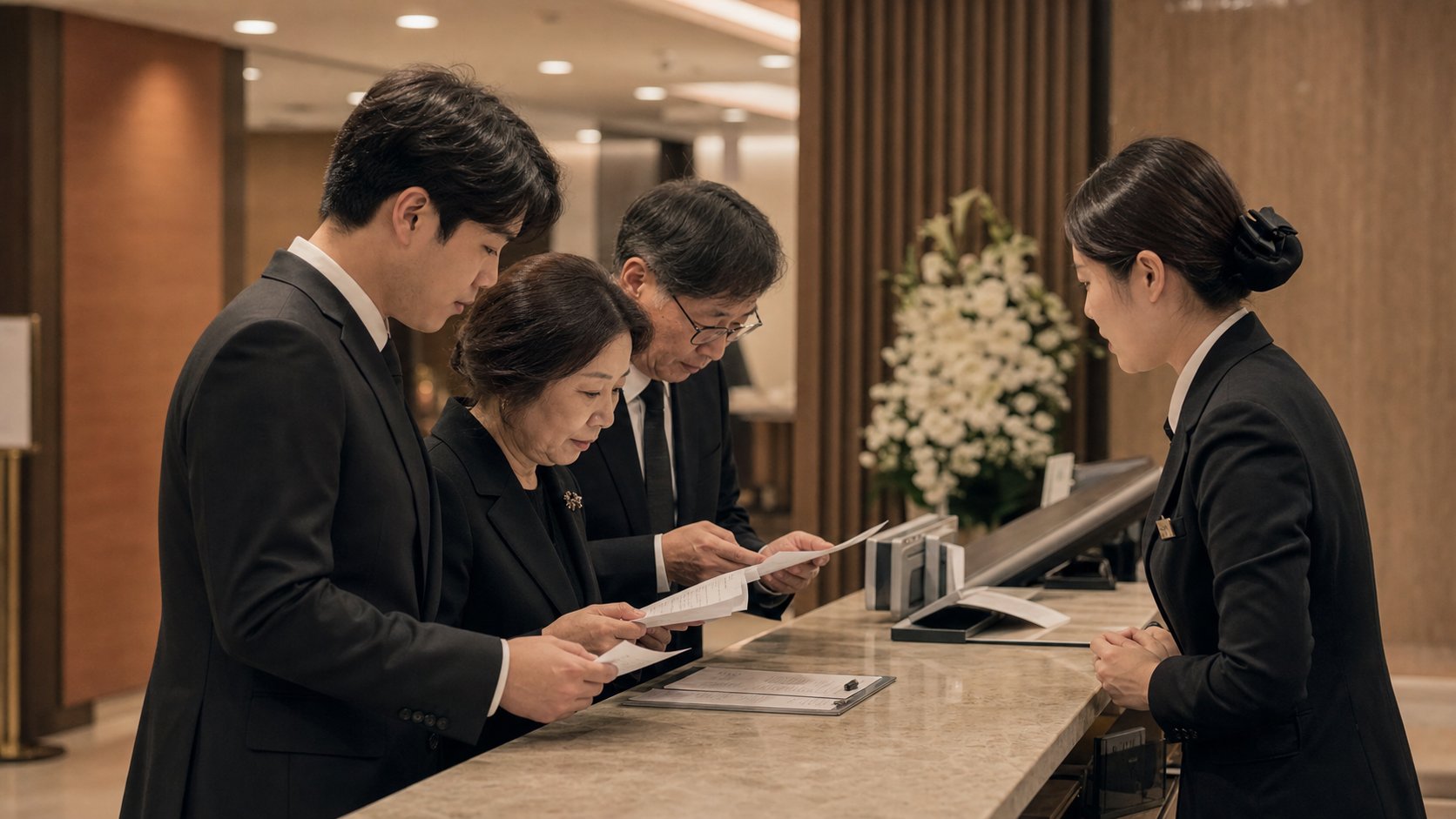 가족이 장례식장 정산 창구에서 빈소 사용료와 식대 영수증을 확인하며 정산하는 장면