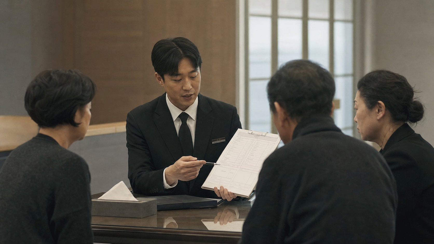 장례지도사가 가족에게 포함 항목과 별도 비용이 구분된 견적서를 보여주며 설명하는 장면