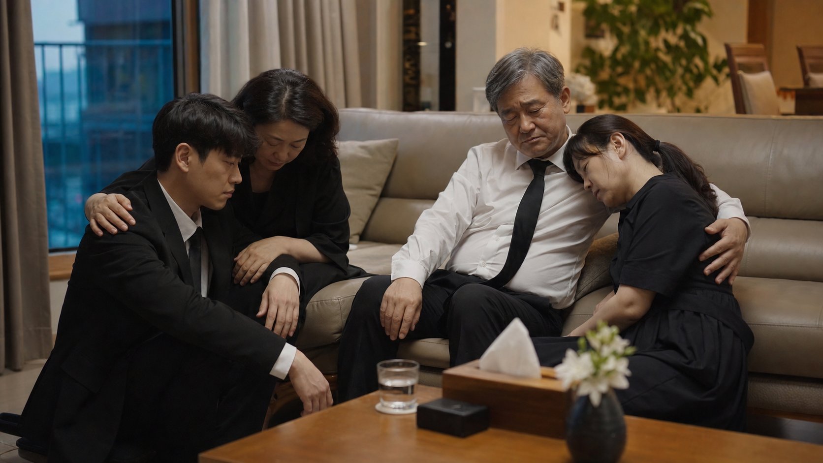 발인을 마친 유가족이 집으로 돌아와 거실에서 조용히 휴식하며 서로를 다독이는 장면