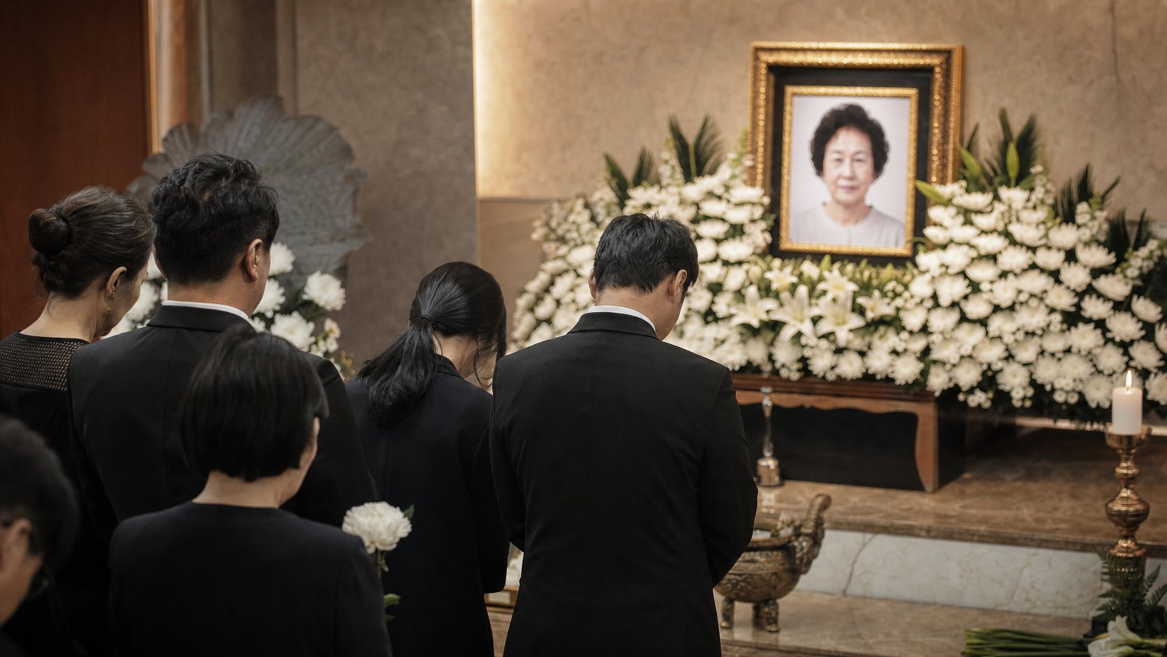 흰 국화가 놓인 영정 앞에서 유가족이 고개 숙여 고인을 기리는 경건하고 차분한 장면