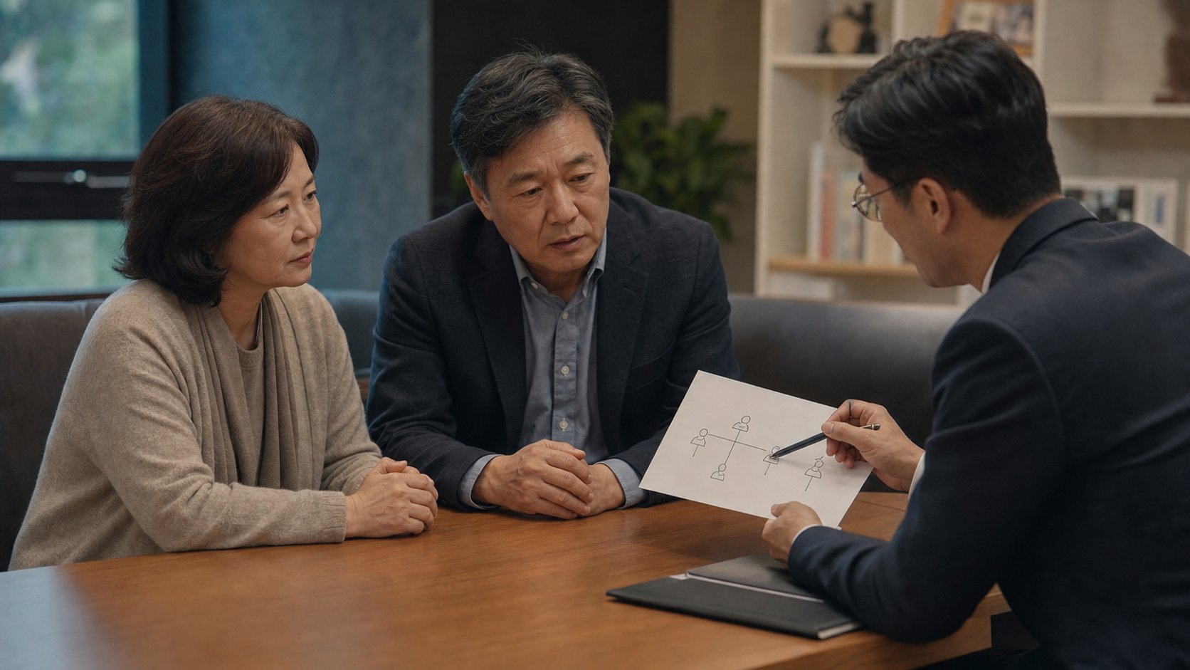 상담사가 가족에게 상속 관계를 도식으로 설명하는 차분한 상담 장면