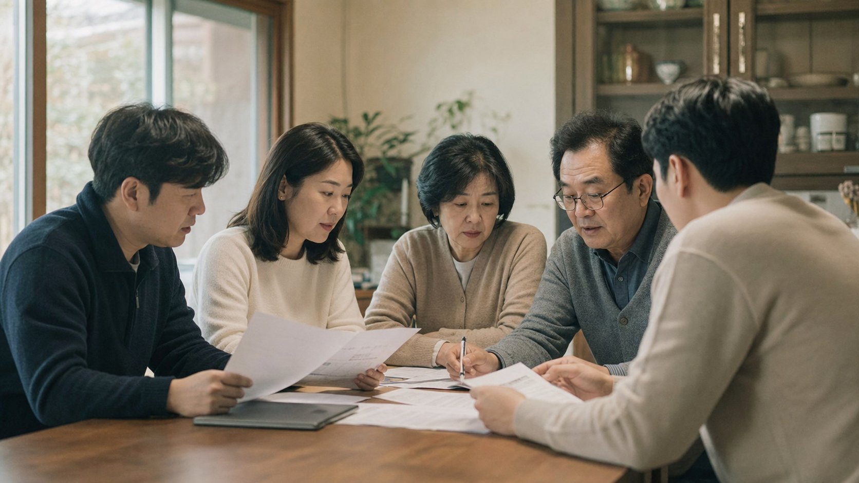 성인 자녀들과 배우자가 한자리에 모여 상속 비율을 차분히 의논하며 서류에 정리하는 장면