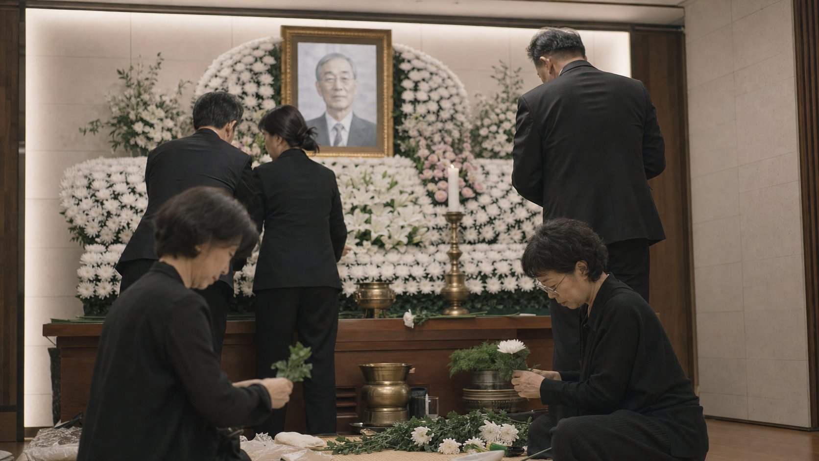 첫째 날 빈소에 영정과 제단이 차려지고 가족이 분주히 준비하는 차분한 장면