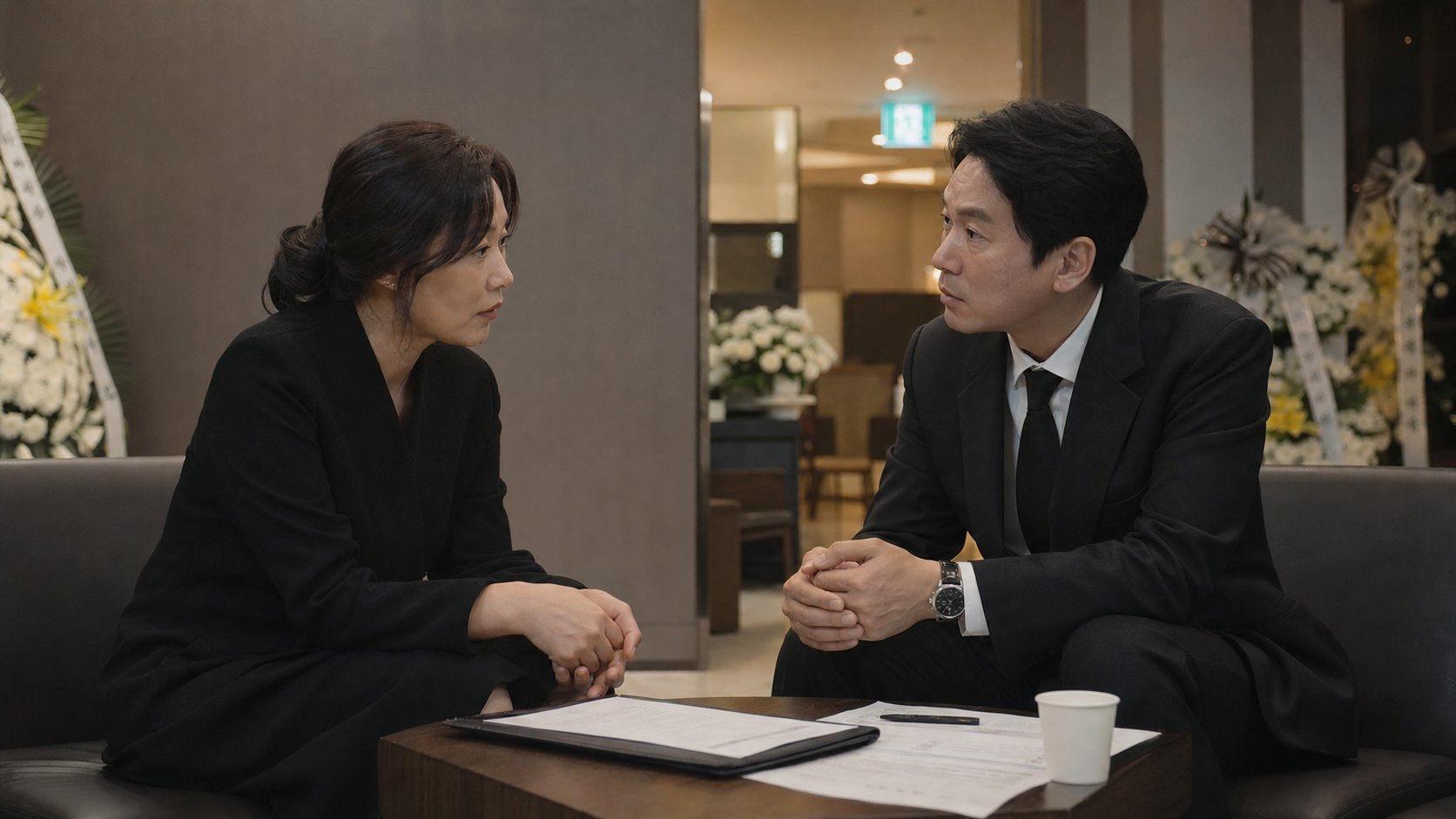 성인 형제가 빈소 한쪽에서 상주 역할을 차분히 의논하는 장면