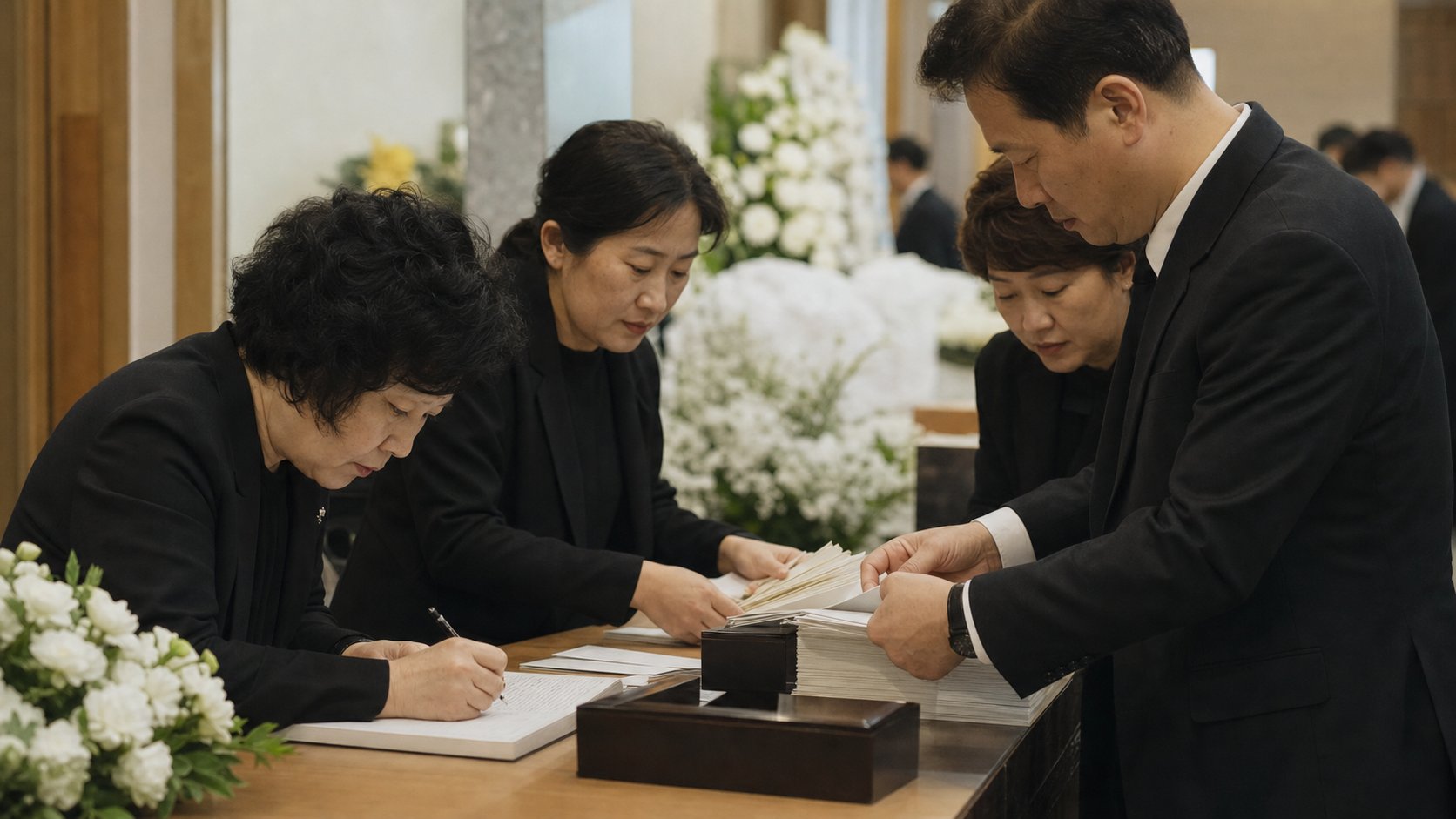 가족이 빈소에서 방명록과 부의함을 나누어 관리하며 서로 돕는 장면