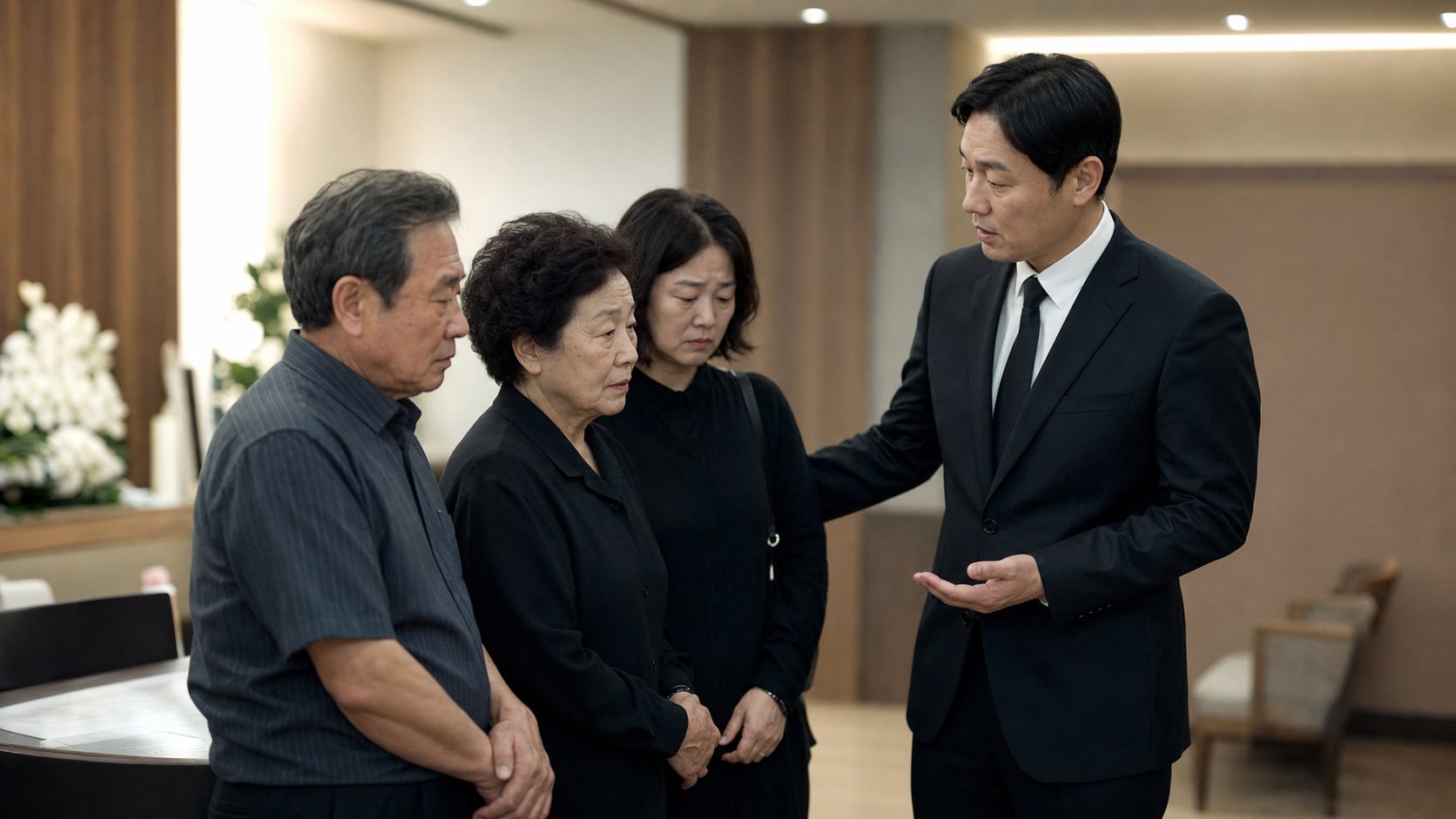 장례지도사가 단출한 가족 곁에서 장례 절차를 차분히 안내하는 장면