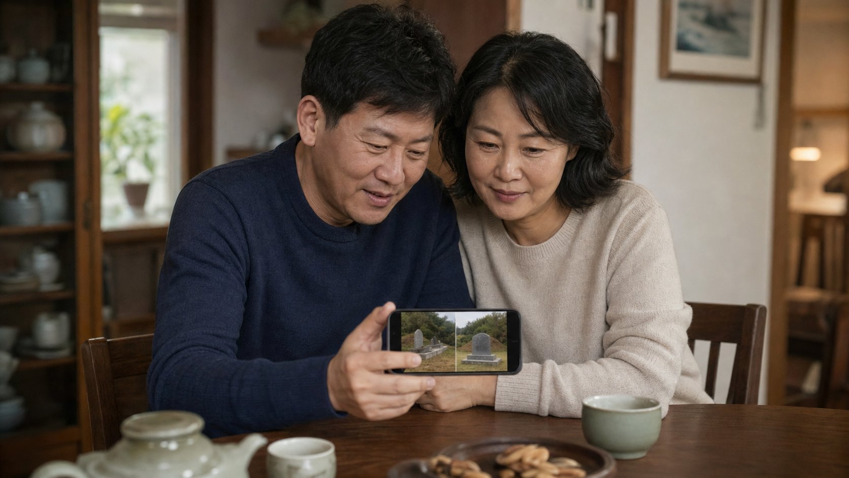 가족이 벌초 작업 전후 사진을 함께 보며 안심하는 장면