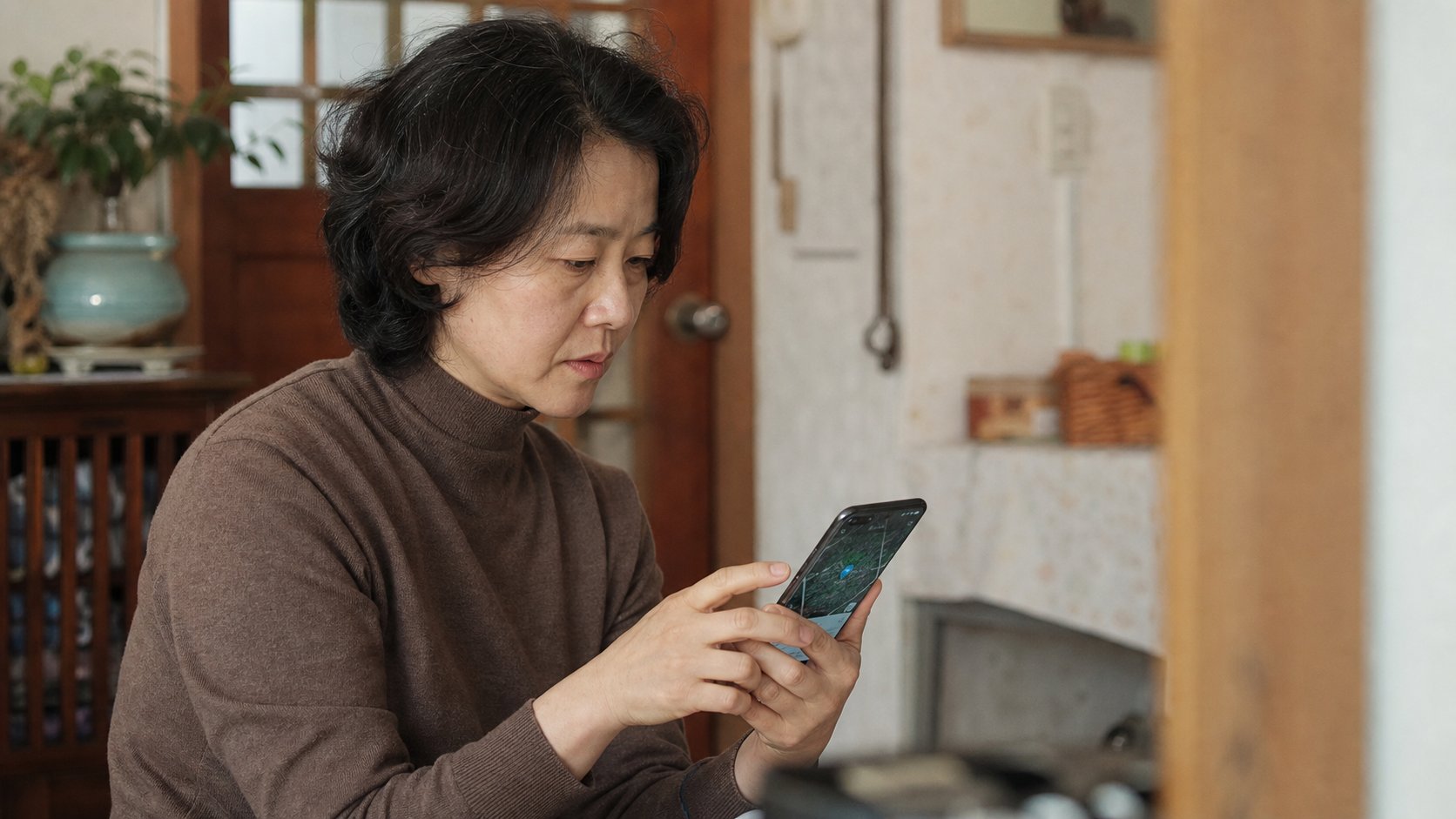 가족이 지도 앱으로 묘소 위치를 확인하며 대행 업체에 정보를 전달하는 장면