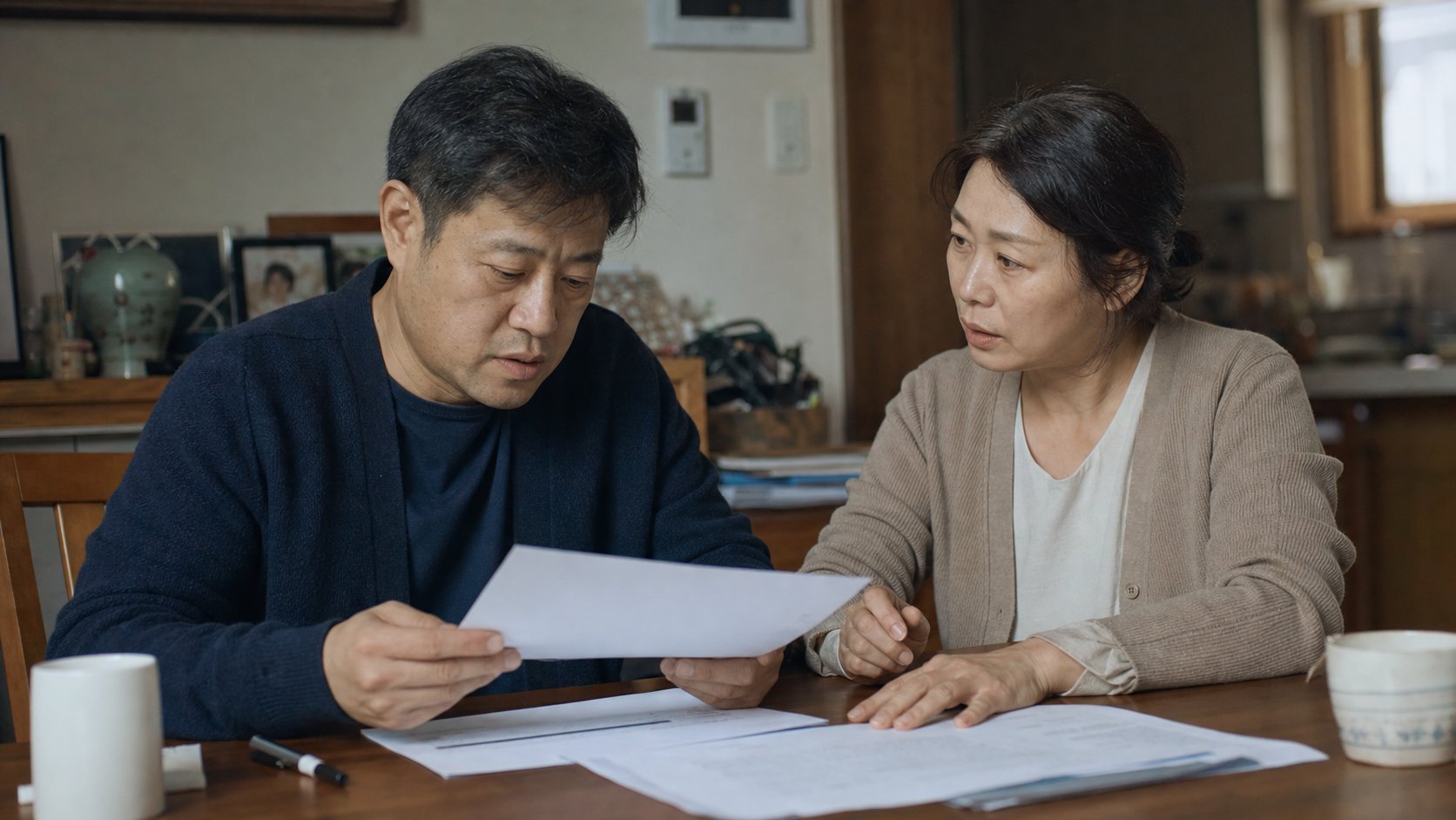 성인 형제들이 유품 목록을 정리한 서류를 함께 보며 분배를 의논하는 장면