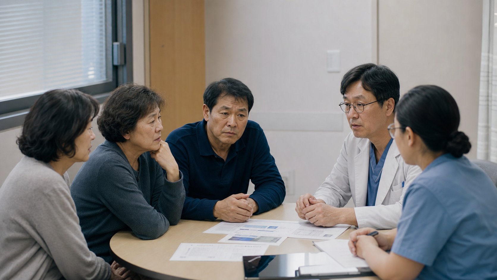 가족 여러 명이 병원 상담실에 모여 의료진과 함께 신중하게 의논하는 장면