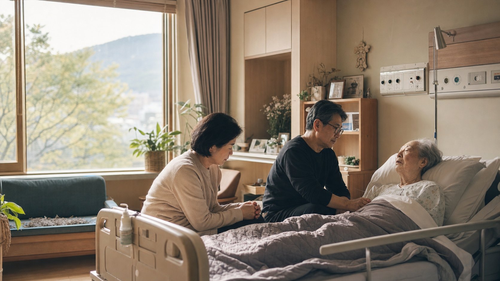 호스피스 병동 창가에서 가족이 환자 곁을 지키며 평온한 시간을 보내는 장면