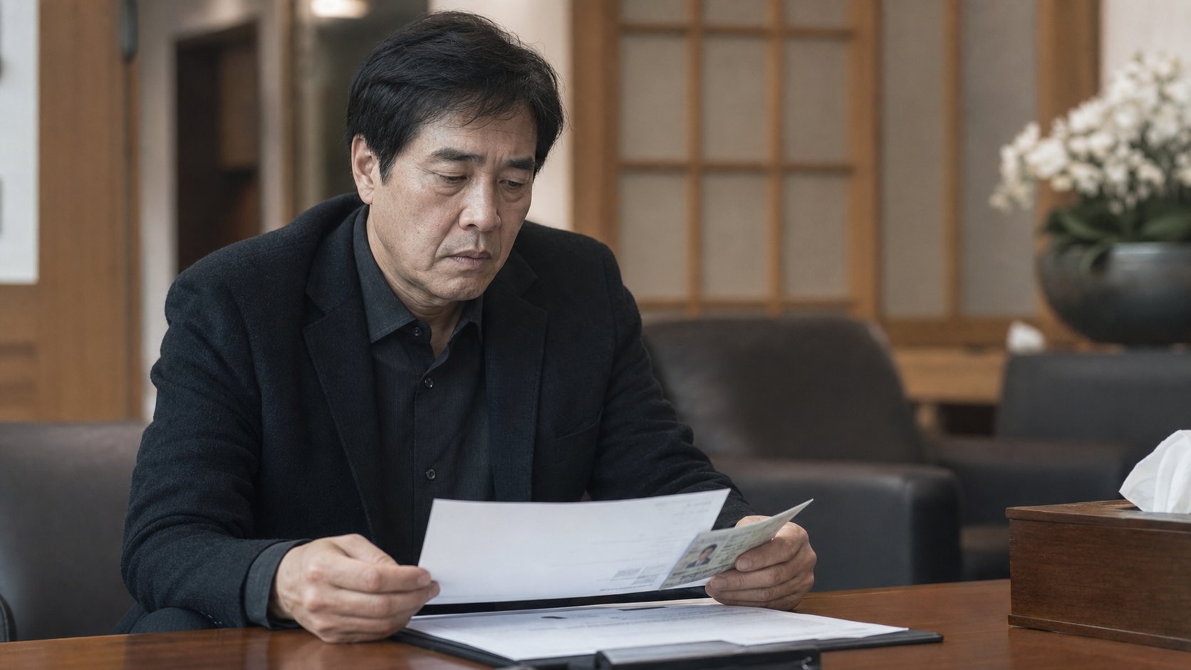 유가족이 장례식장 사무실에서 사망 서류와 신분증을 정리하며 살펴보는 모습