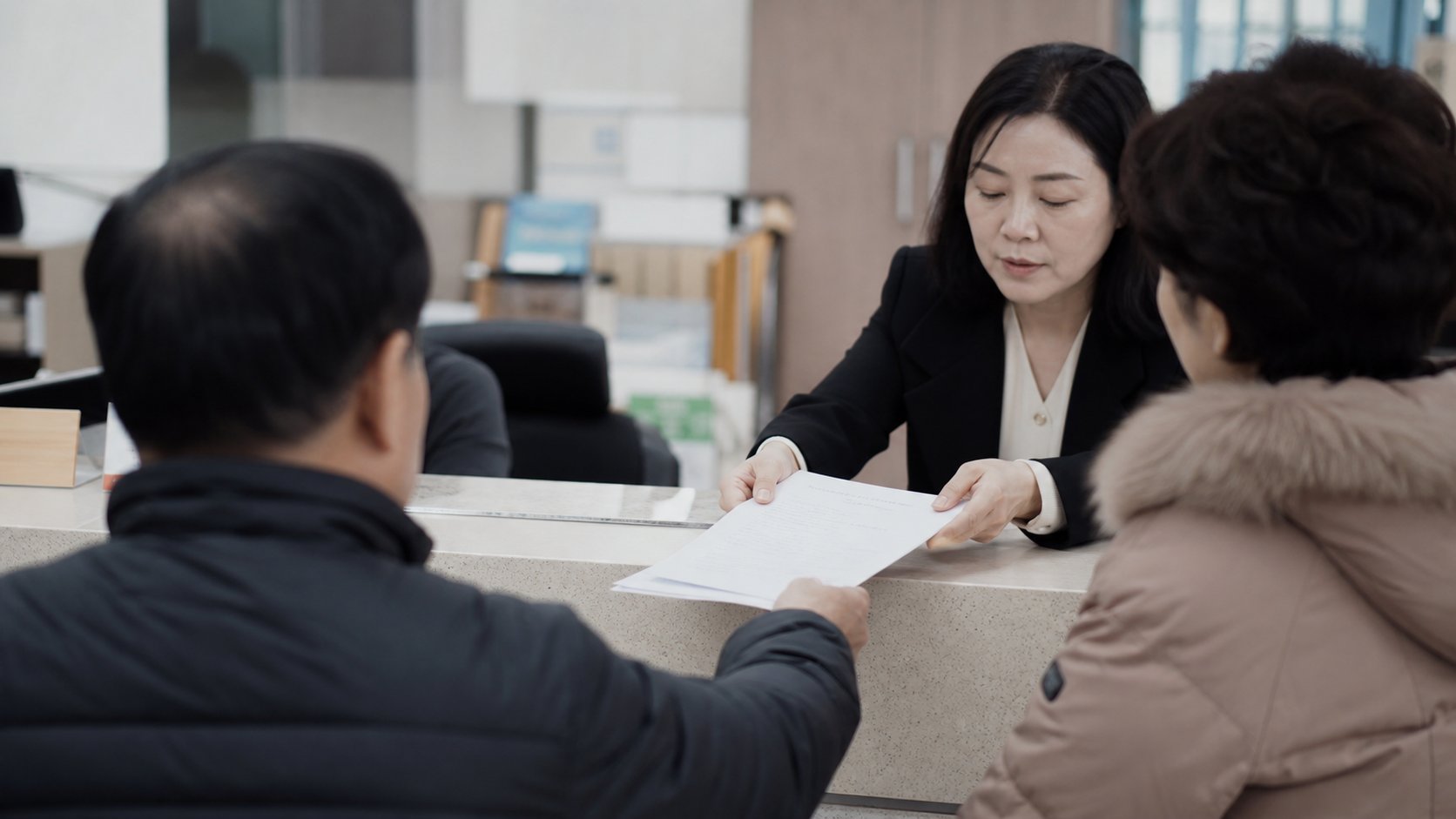 행정복지센터 민원 창구에서 사망신고 서류를 제출하는 유가족의 손과 서류