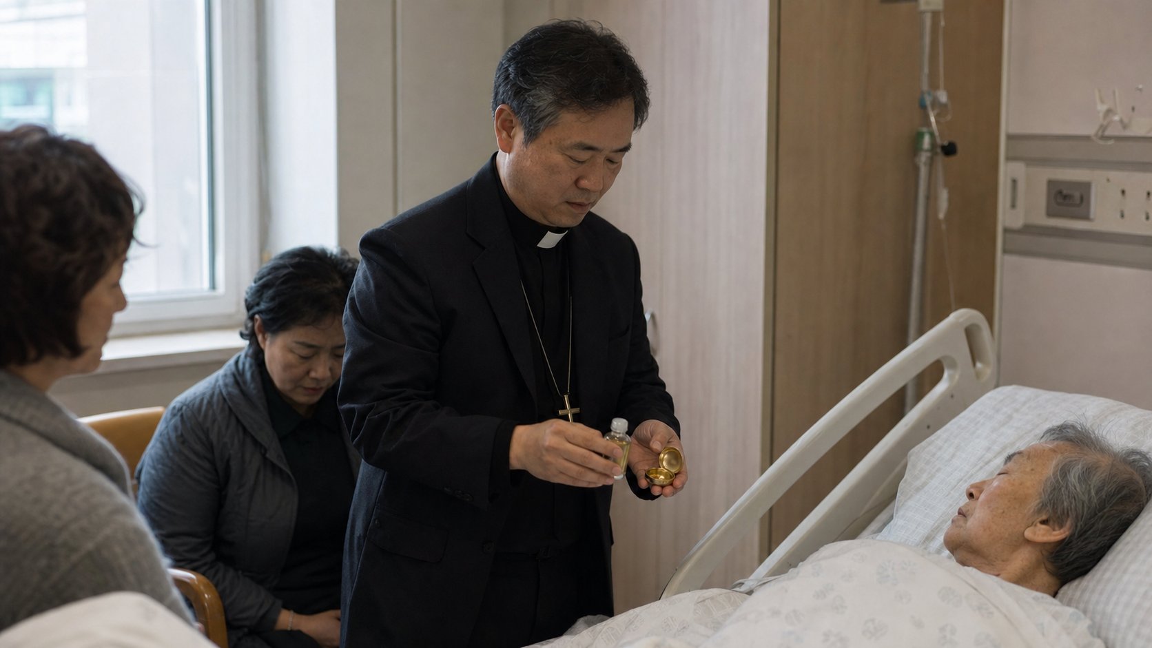 사제가 병실에 도착해 가방에서 성유와 성합을 꺼내 임종 예식을 준비하는 모습