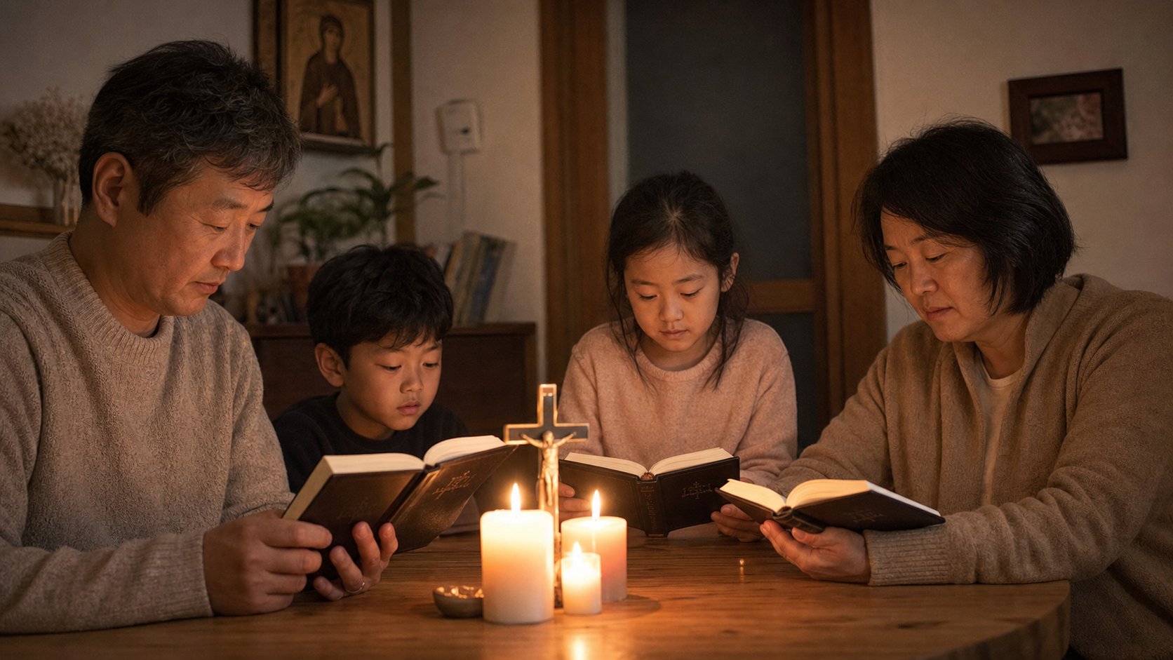 가족이 촛불과 십자고상 앞에서 기도서를 들고 함께 기도하는 모습