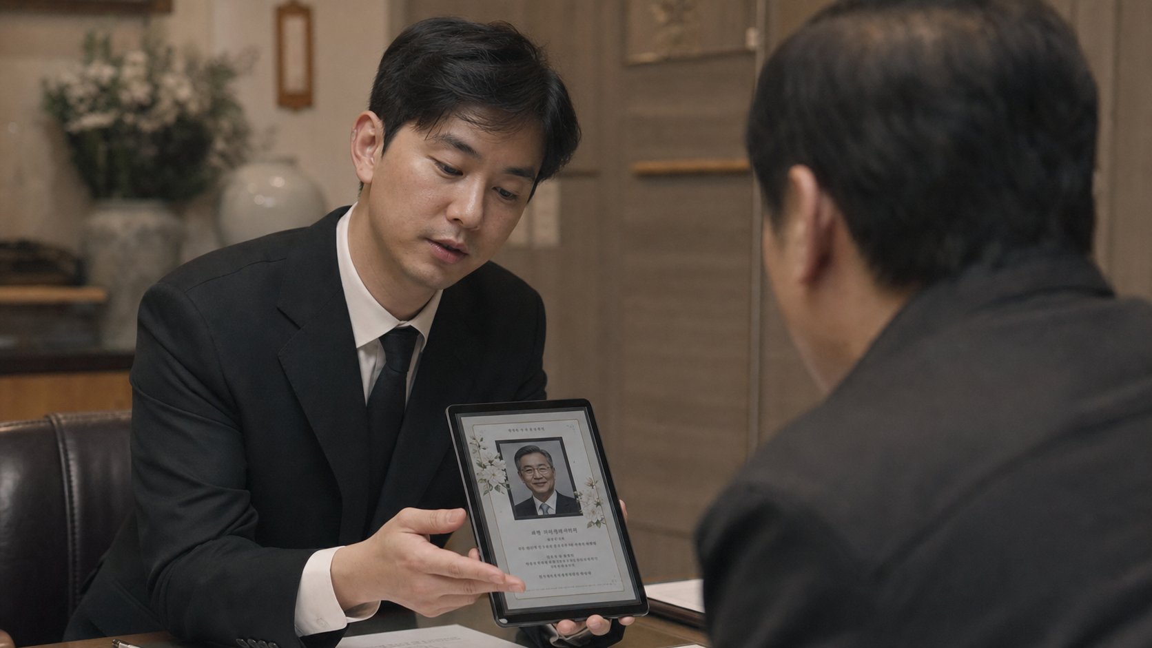 장례지도사가 유가족 옆에서 태블릿으로 모바일 부고장 미리보기 화면을 함께 확인하는 모습