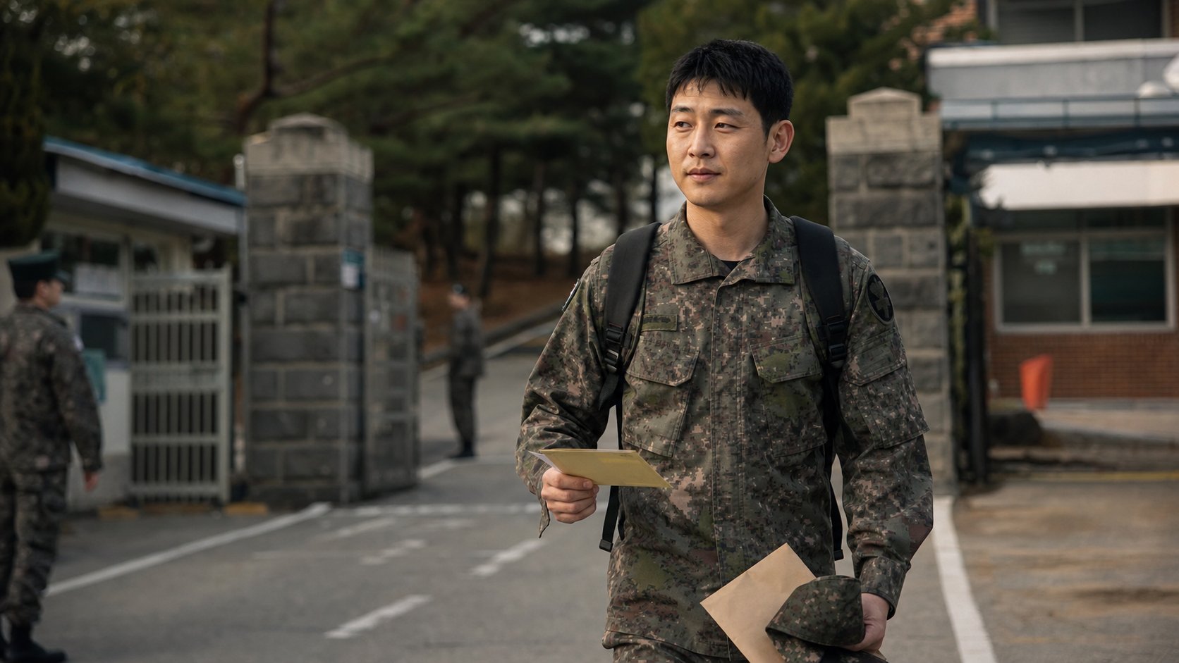 군인이 휴가증과 서류를 받아 들고 부대 정문을 나서며 길을 나서는 모습
