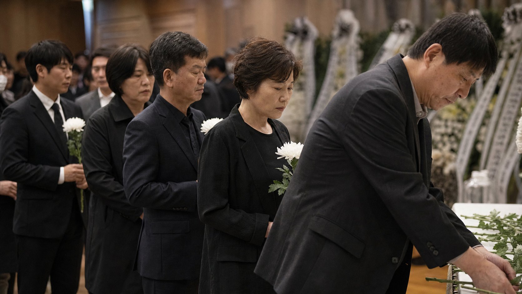 여러 유가족이 흰 국화를 들고 합동 위령제에 참석해 헌화를 기다리는 모습