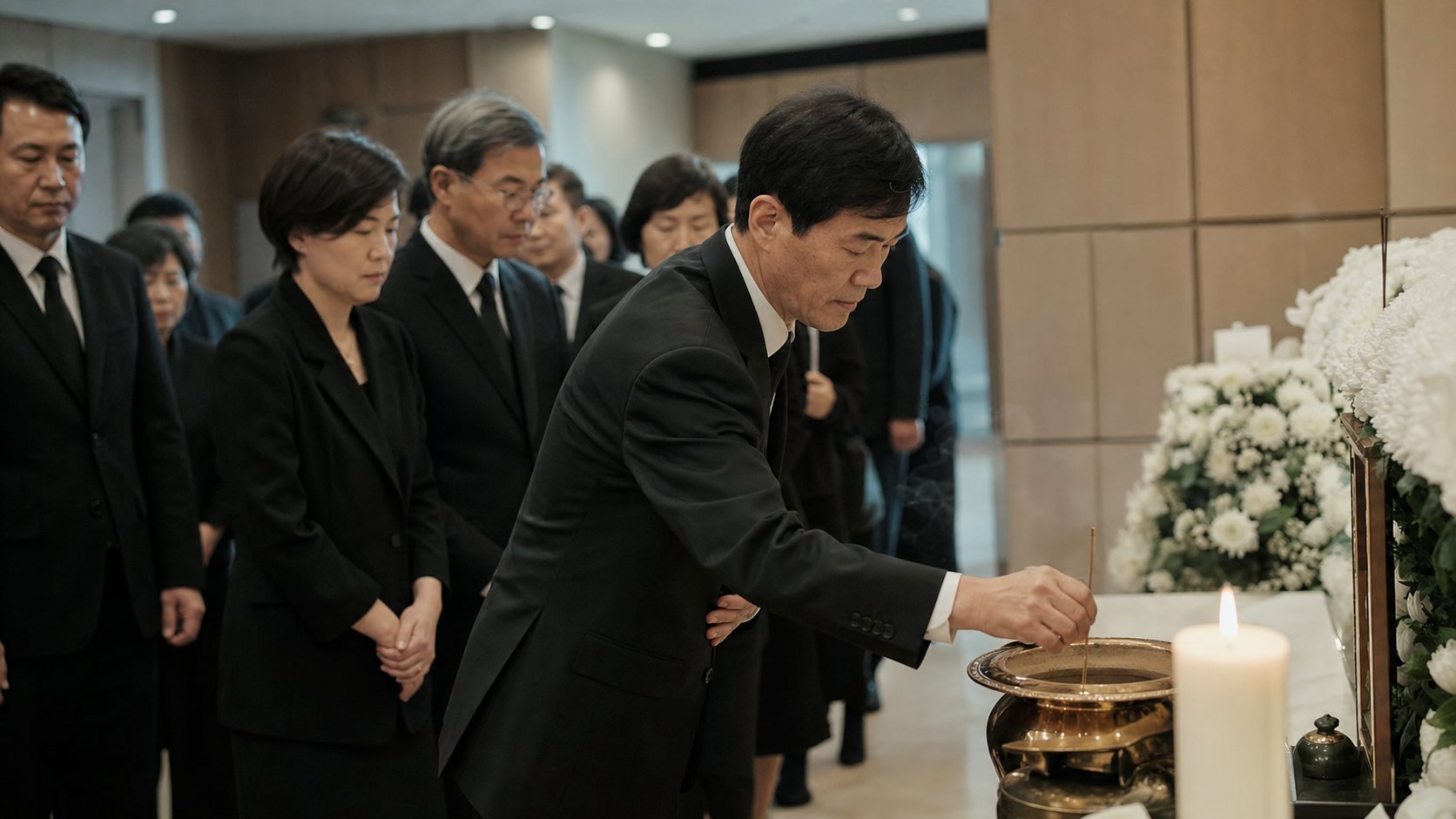 위령제에서 참석자들이 한 줄로 서서 차례로 분향하며 추모하는 모습