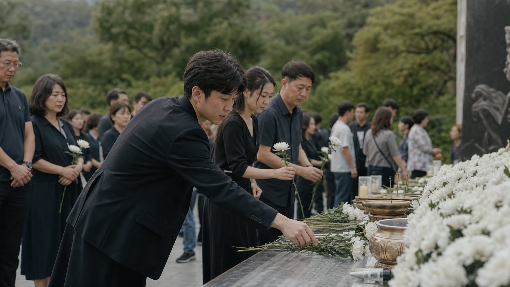 야외 추모 공원에서 흰 국화가 놓인 합동 위령 제단 앞에서 헌화하는 사람들의 모습