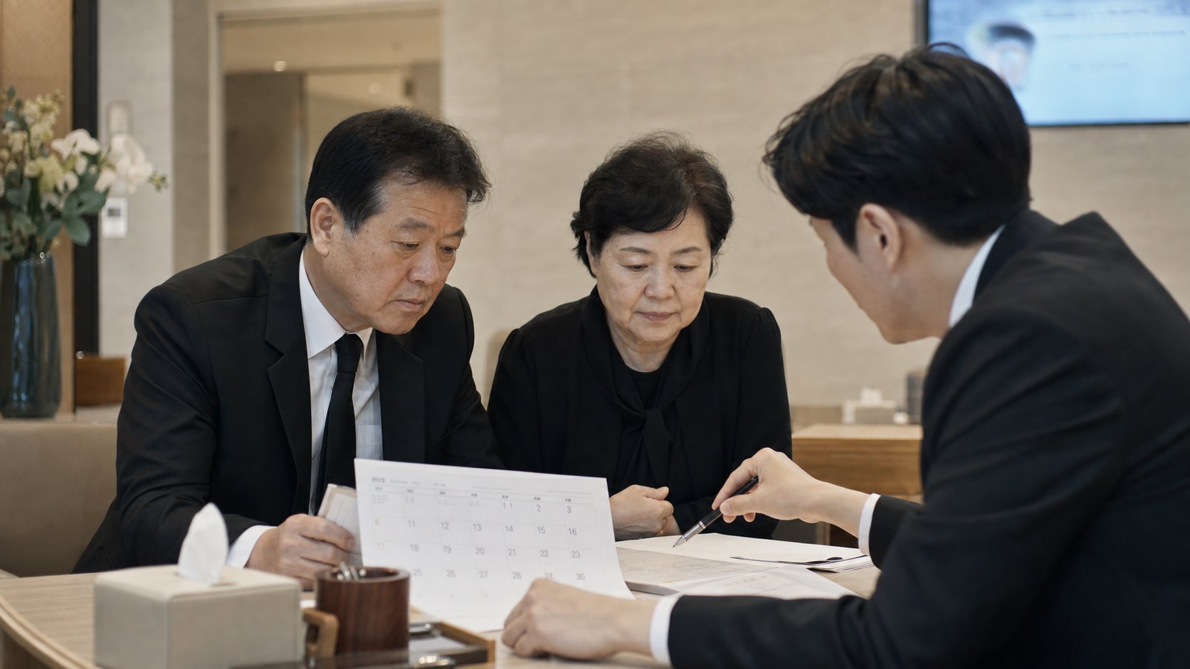 유가족이 달력과 서류를 보며 발인 일정과 화장장 예약일을 함께 맞춰 보는 모습