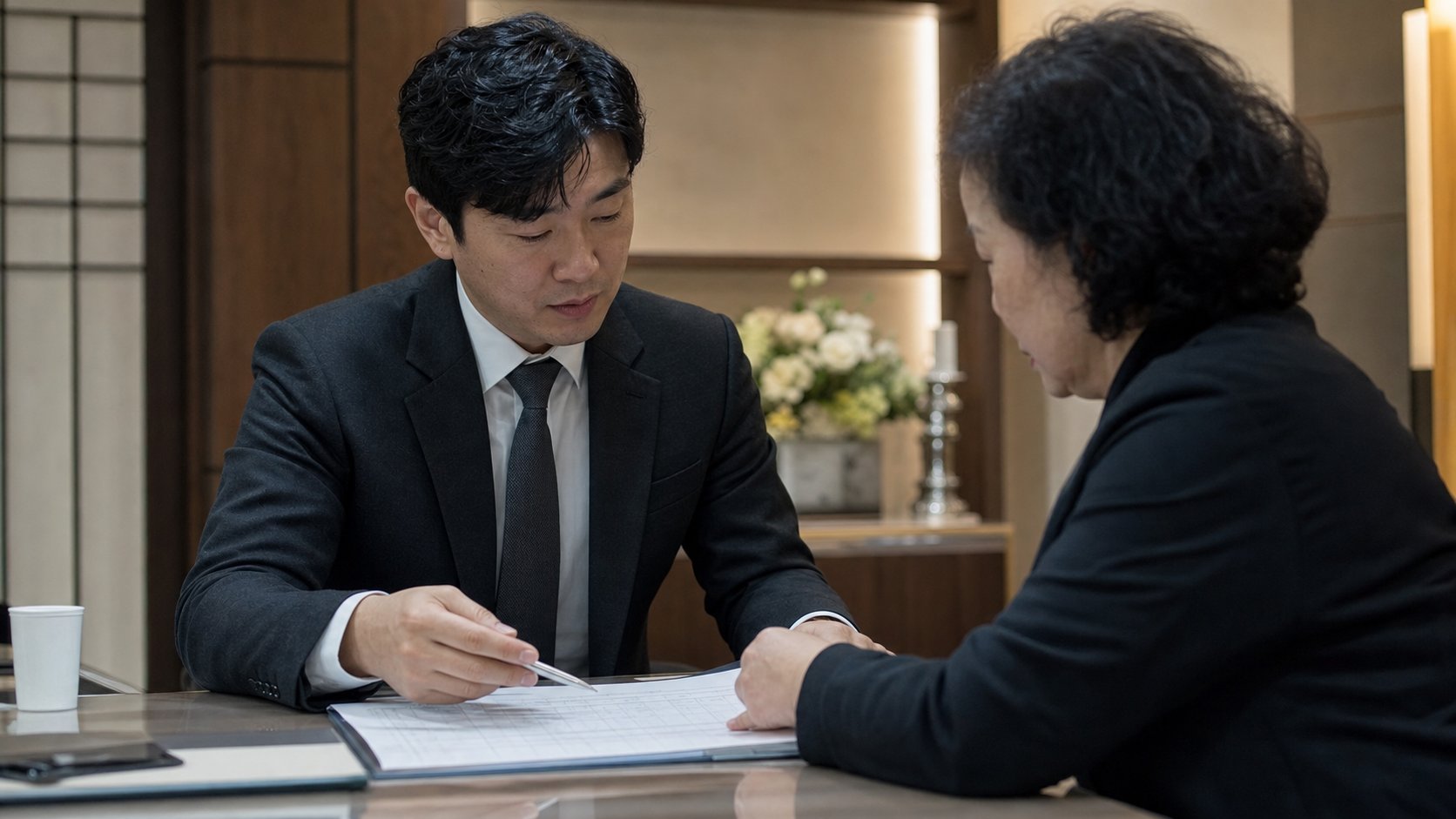 장례지도사가 유가족과 함께 일정표를 보며 발인일을 조정하는 모습
