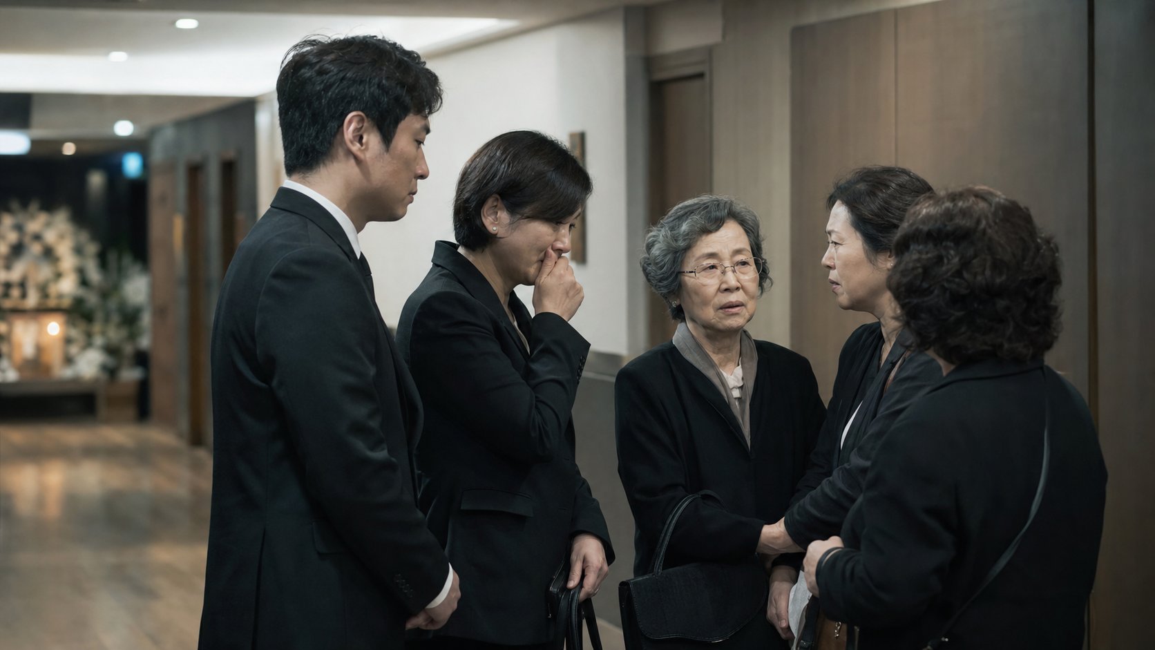 안치실 앞 복도에서 가족이 서로를 위로하며 일정을 상의하는 모습