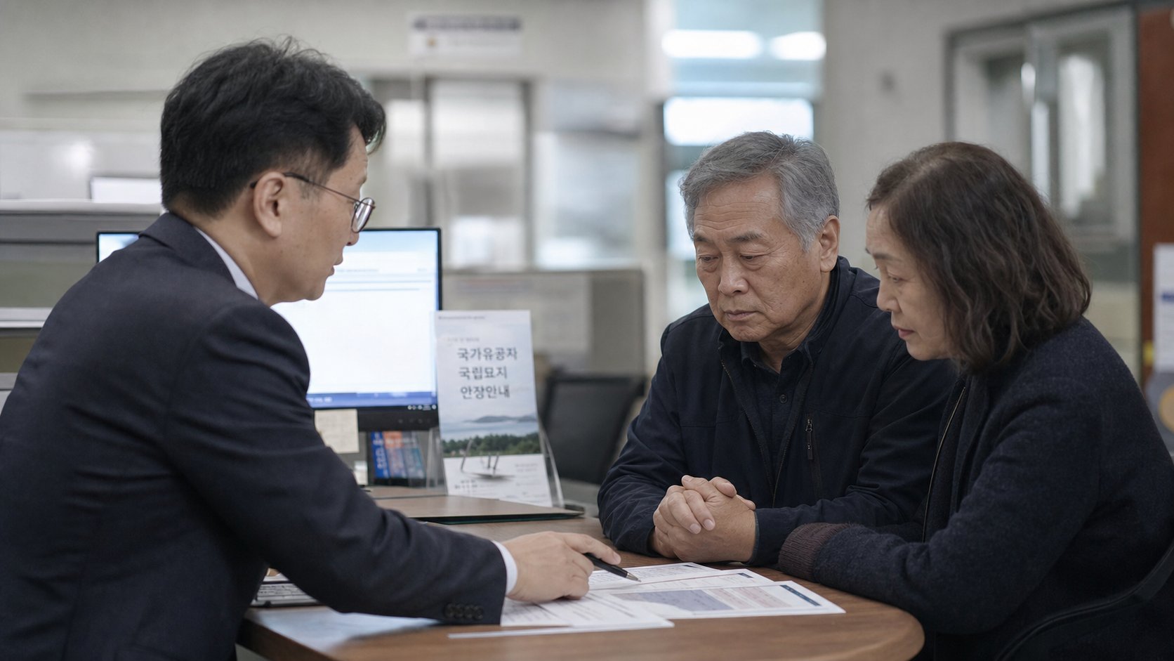 보훈 관서 창구에서 국립묘지 안장 자격을 상담받는 유가족