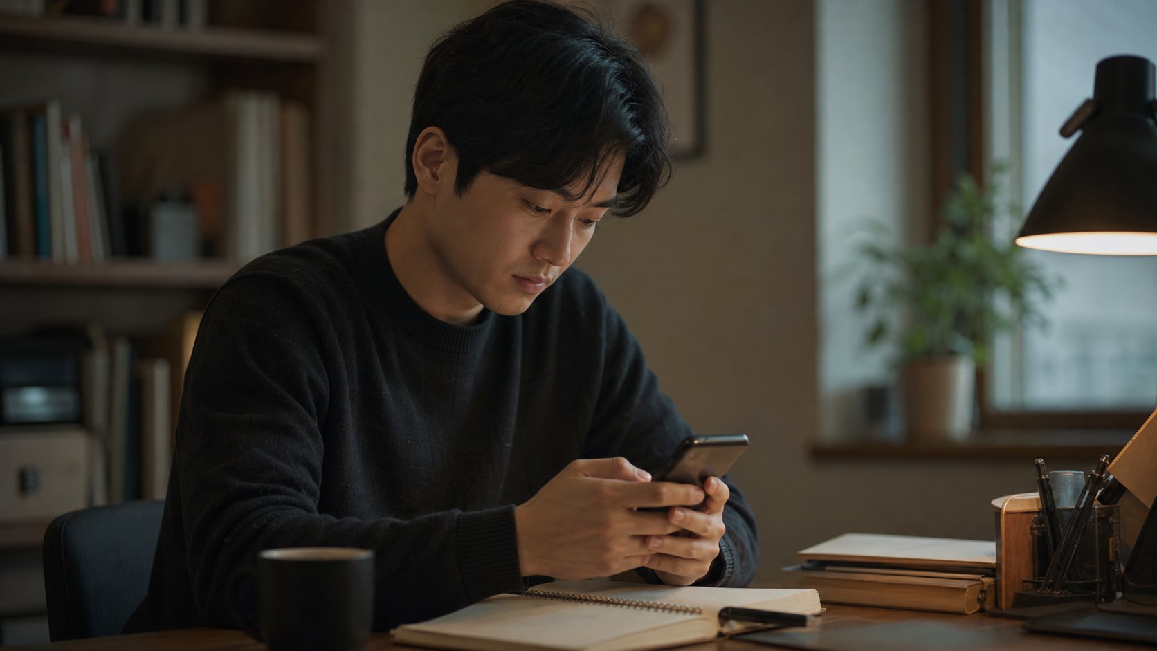 책상에서 위로 메시지를 정성껏 작성하는 모습