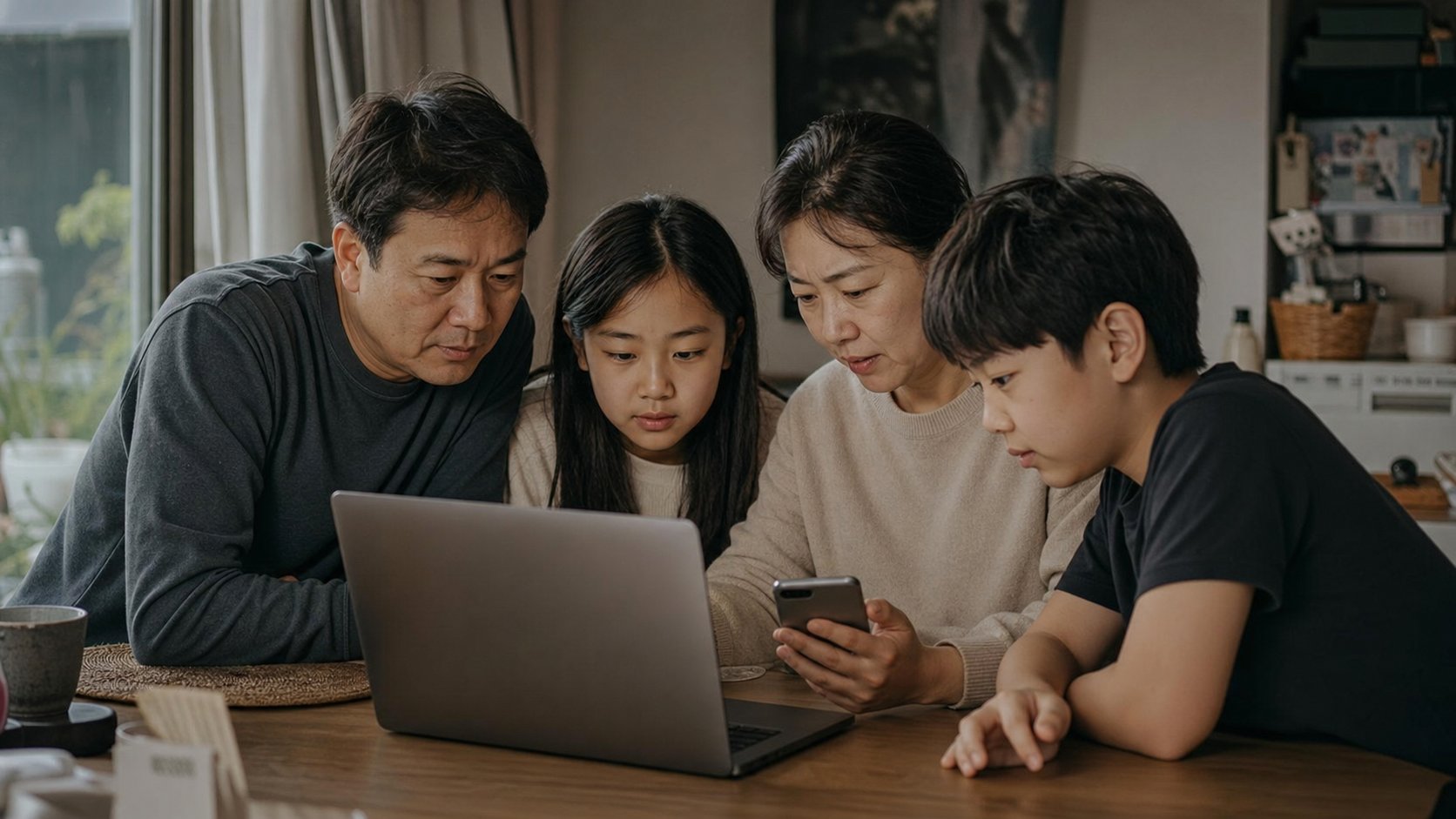 노트북과 휴대전화로 고인의 자료를 백업하는 가족