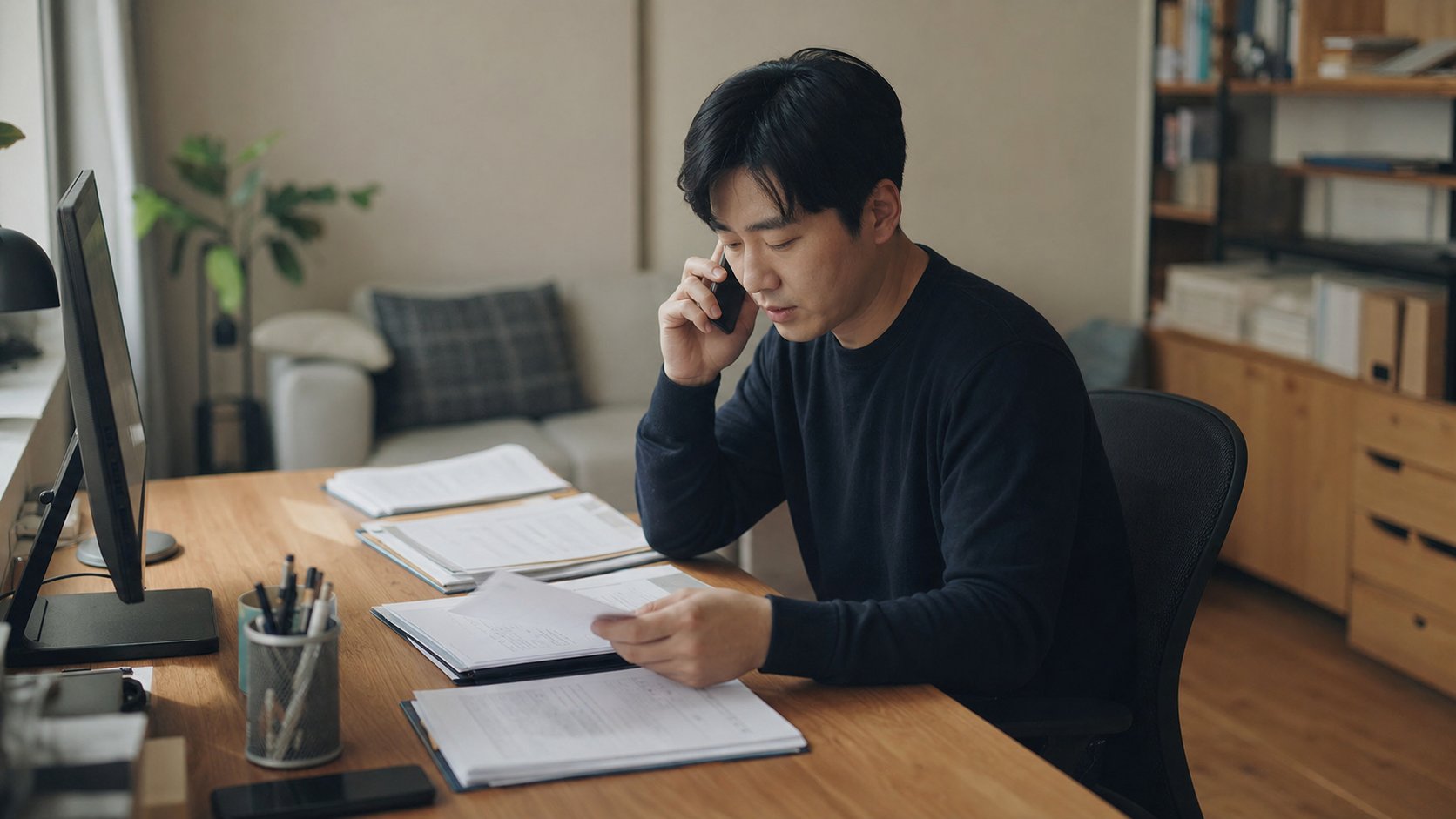 서류를 정리하며 고객센터에 계정 처리를 문의하는 모습