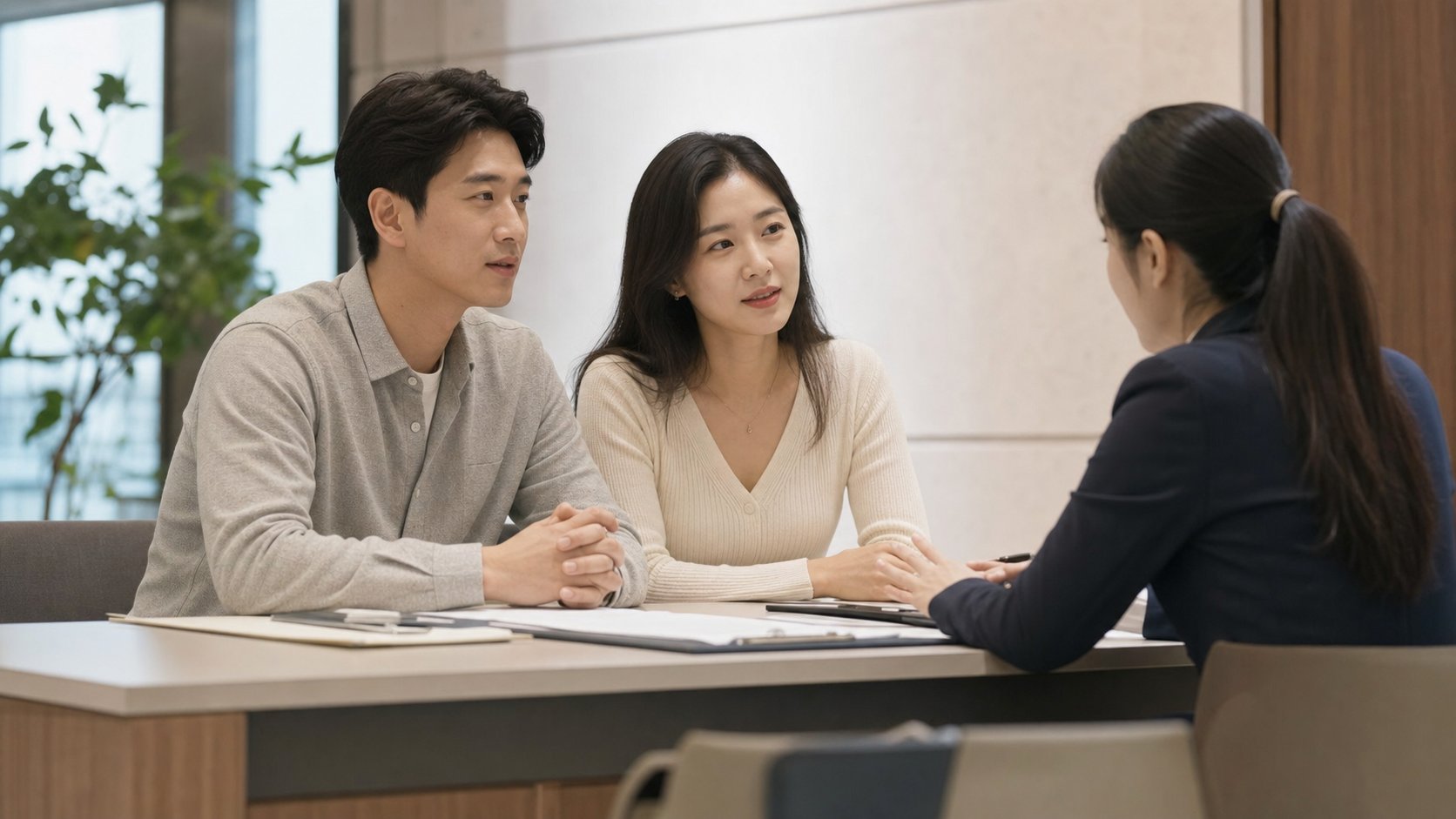 상담 창구에서 상조 계약 내용을 질문하는 부부